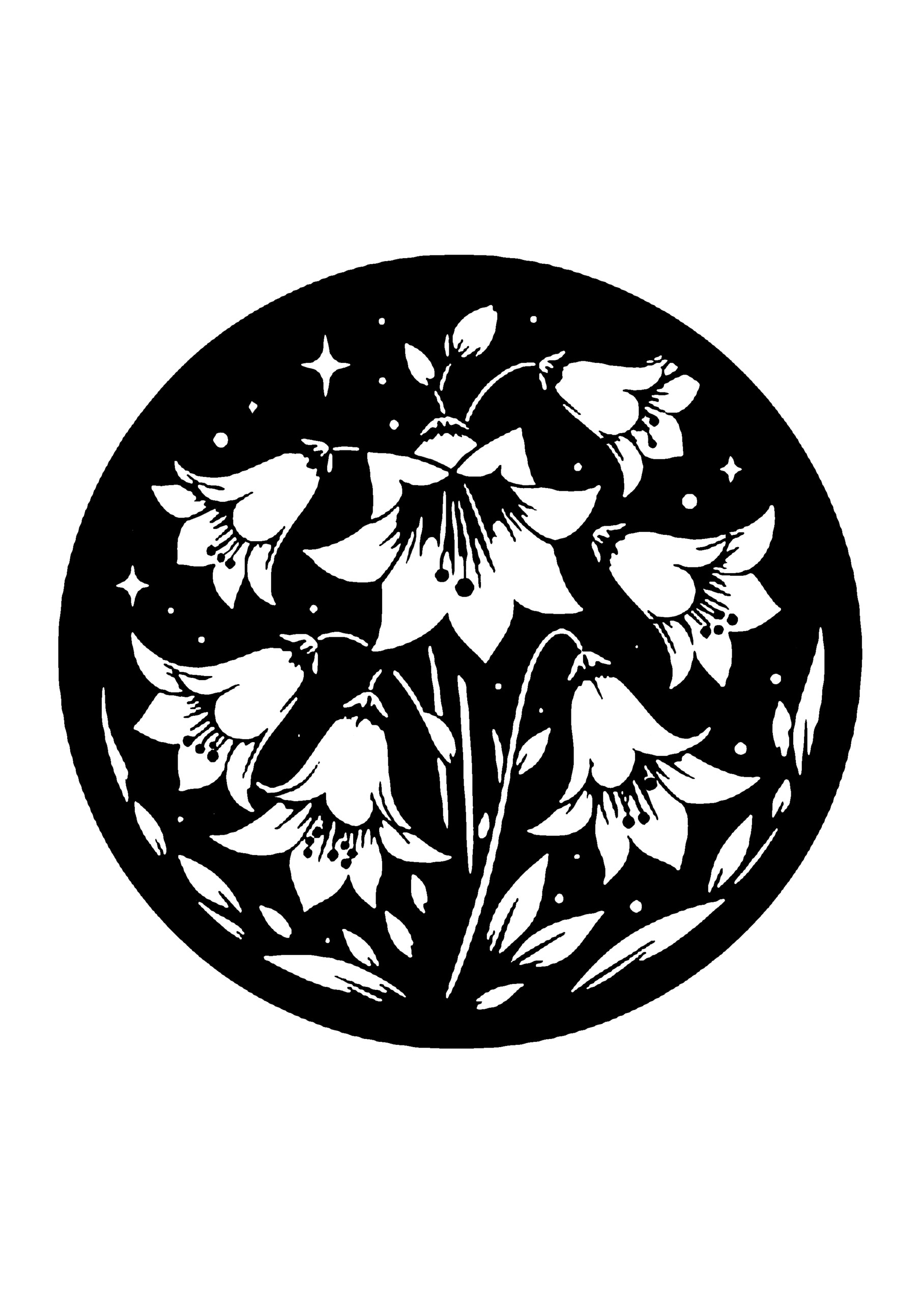 円形フレームの百合の花の切り絵図案（無料・初心者・中級者向け）0201