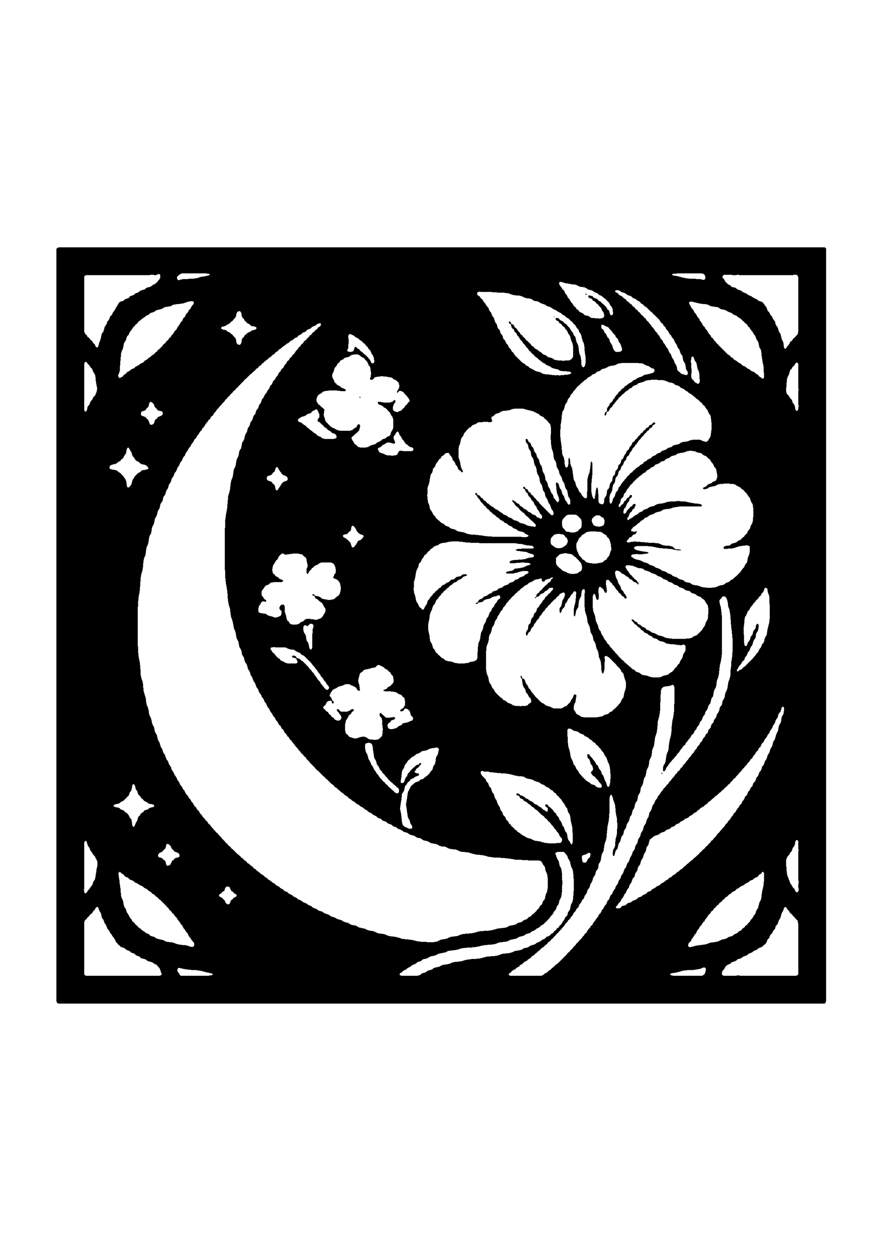 三日月と植物シルエットの夜空デザイン切り絵図案（無料・初心者・中級者向け）0202