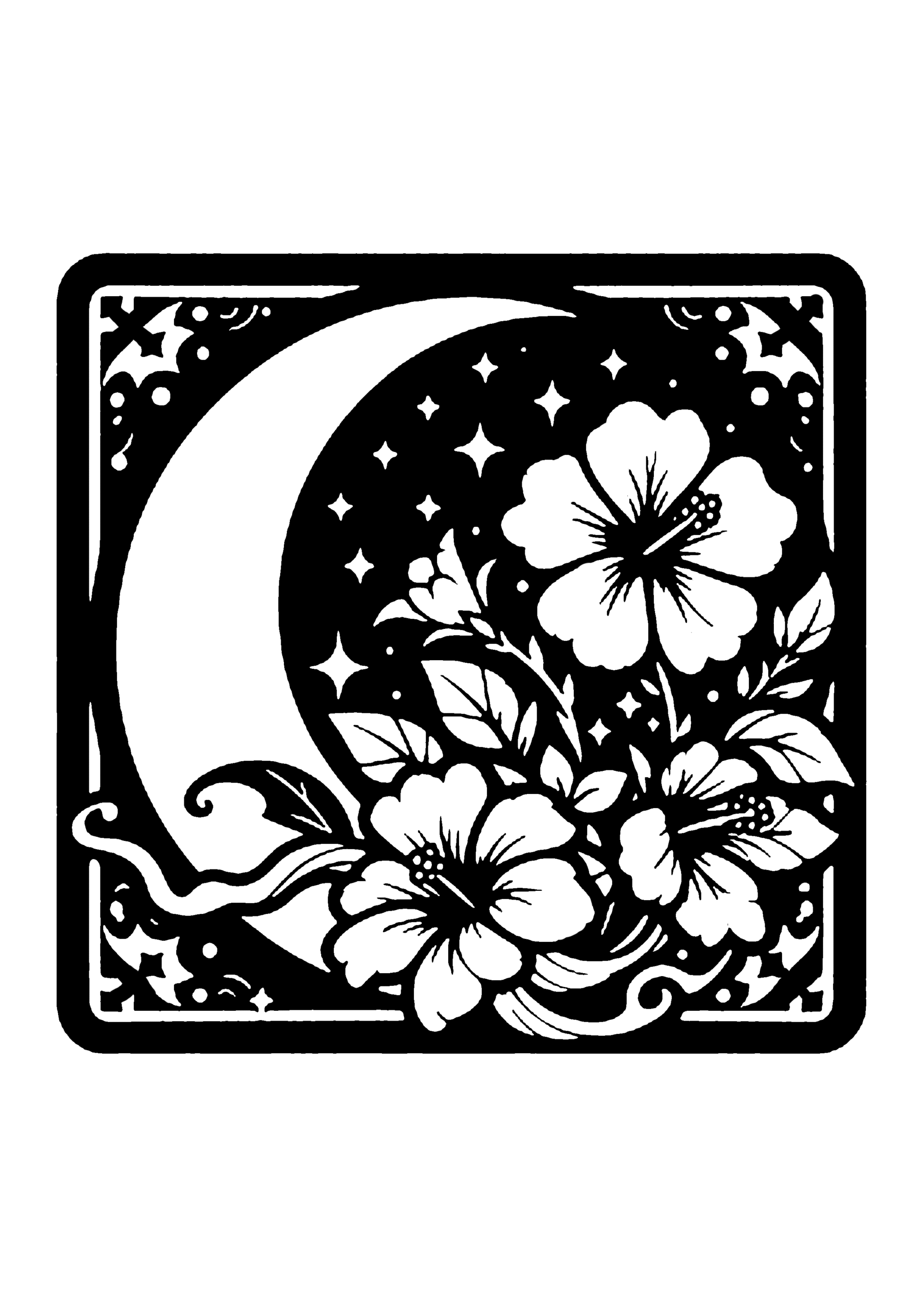 花と三日月のクラシック装飾フレーム切り絵図案（無料・初心者・中級者向け）0203