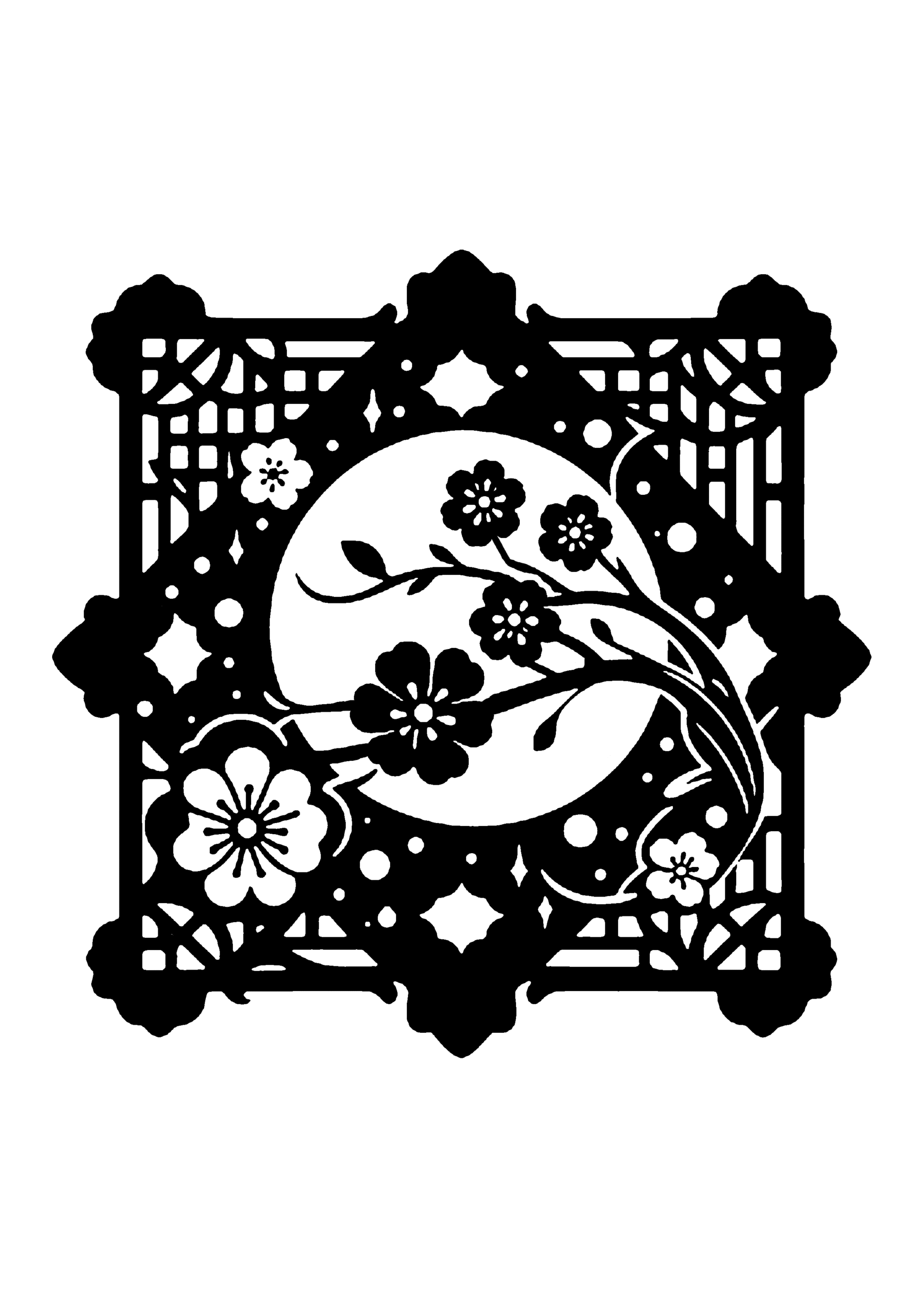梅と満月の和風デザイン切り絵図案（無料・初心者・中級者向け）0204
