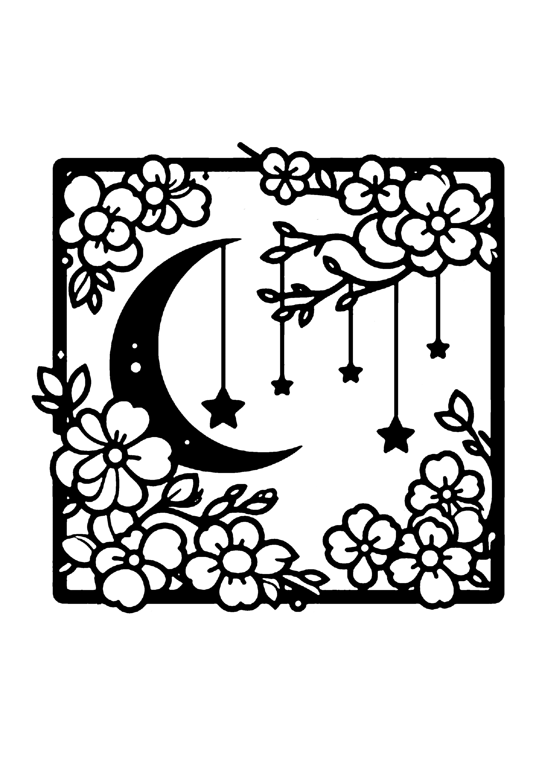 三日月と花と星の夜空デザイン切り絵図案（無料・初心者・中級者向け）0205