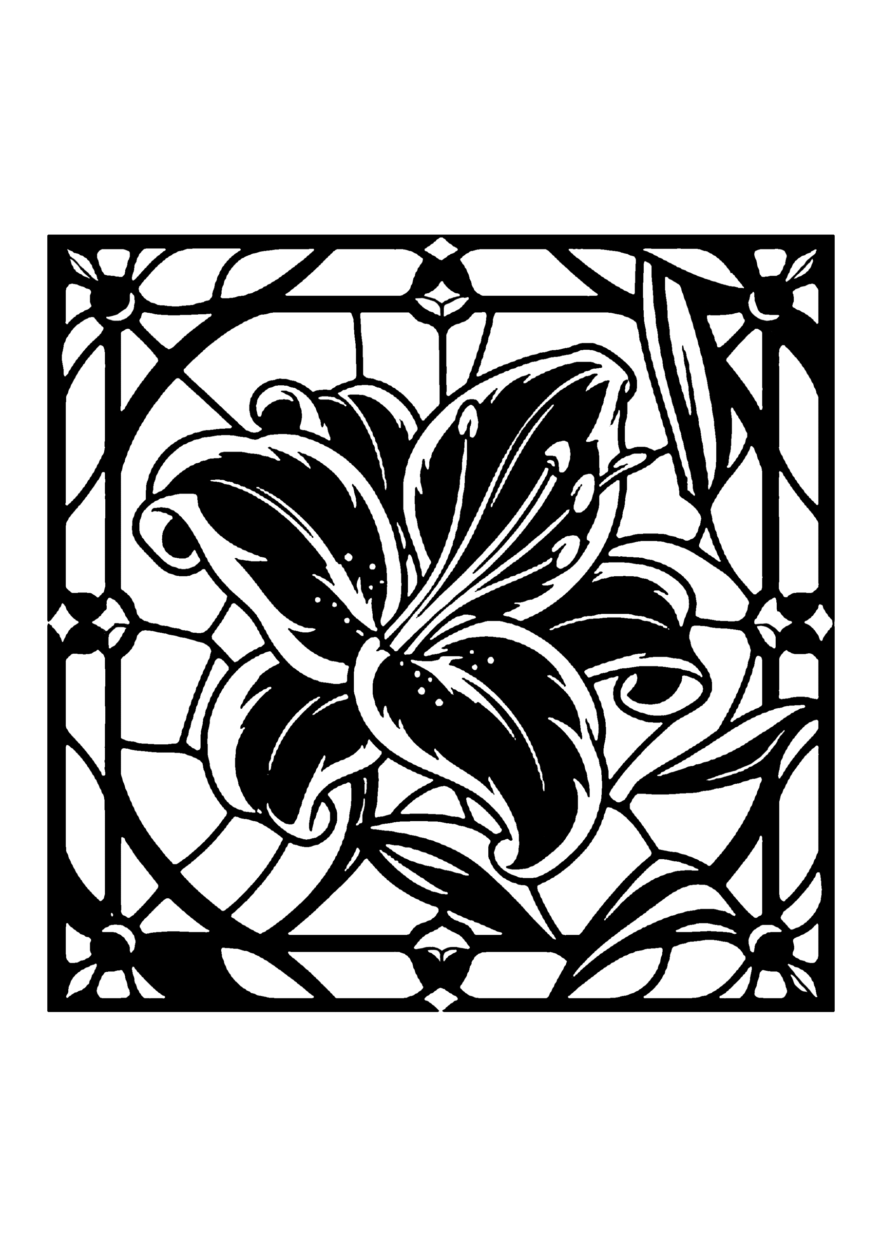 ステンドグラス風の百合の花の切り絵図案（無料・初心者・中級者向け）0206
