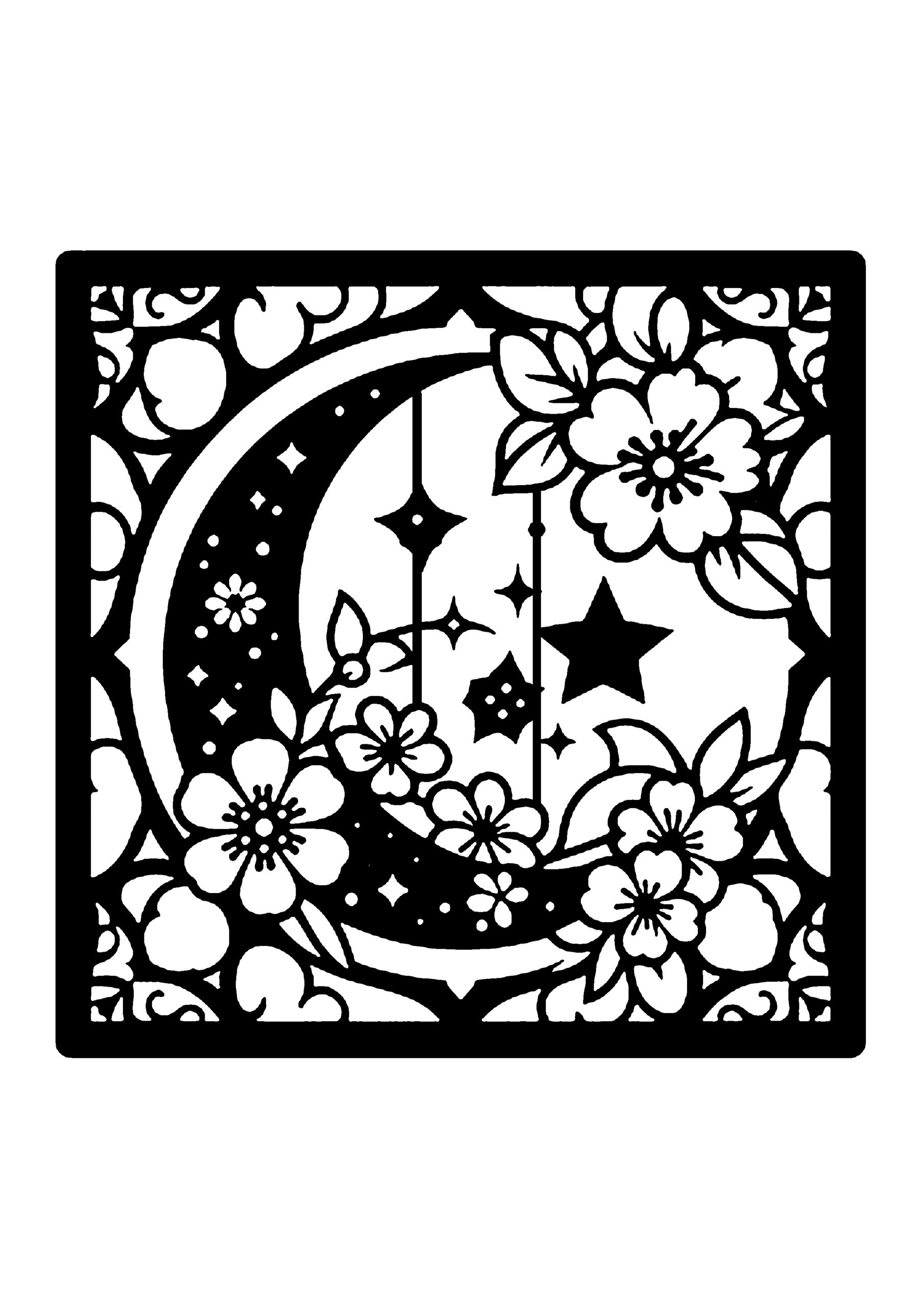 花と星で飾られた三日月の装飾切り絵図案（無料・初心者・中級者向け）0207