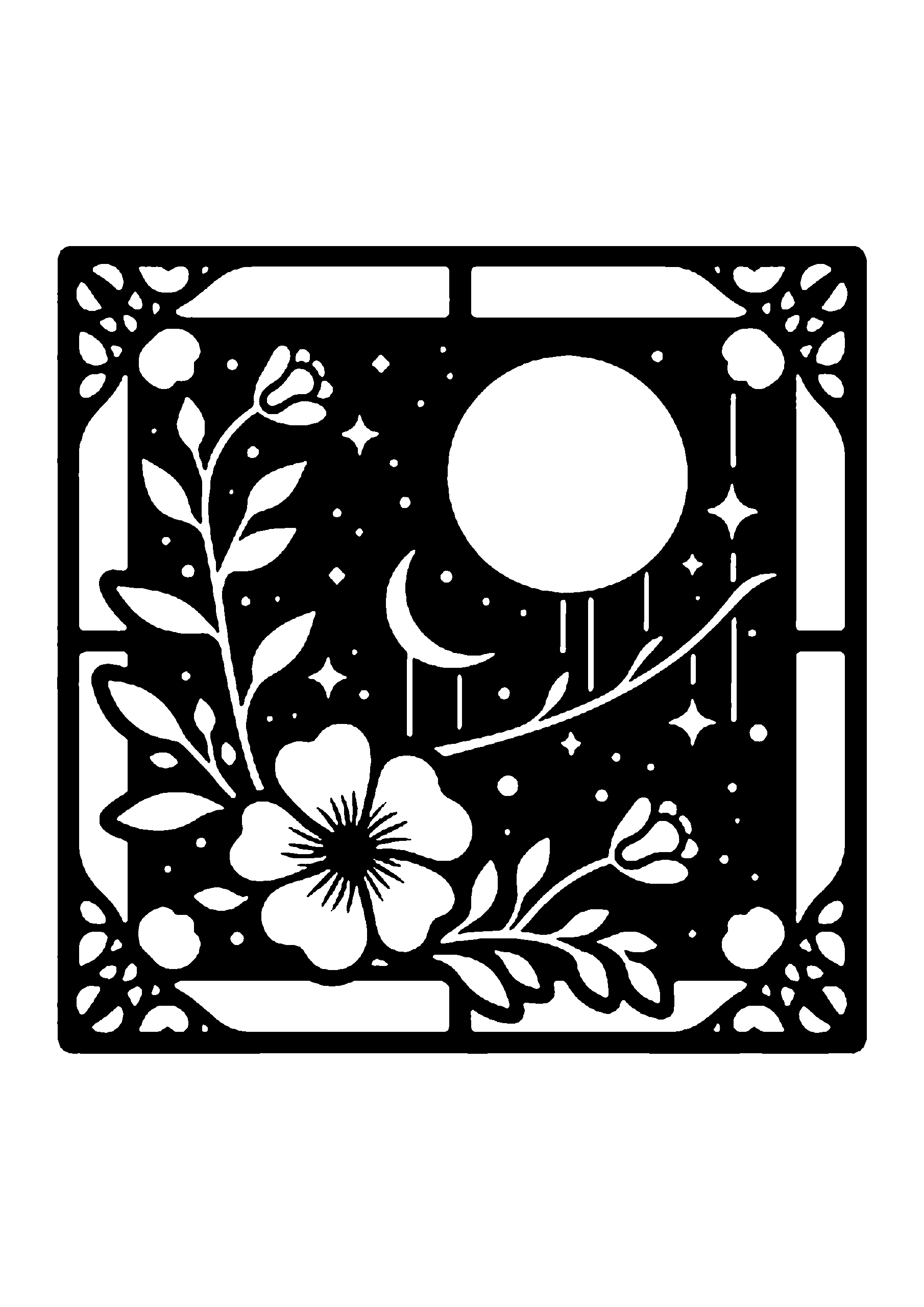 満月と花の夜空デザイン切り絵図案（無料）｜初心者・中級者向け0209