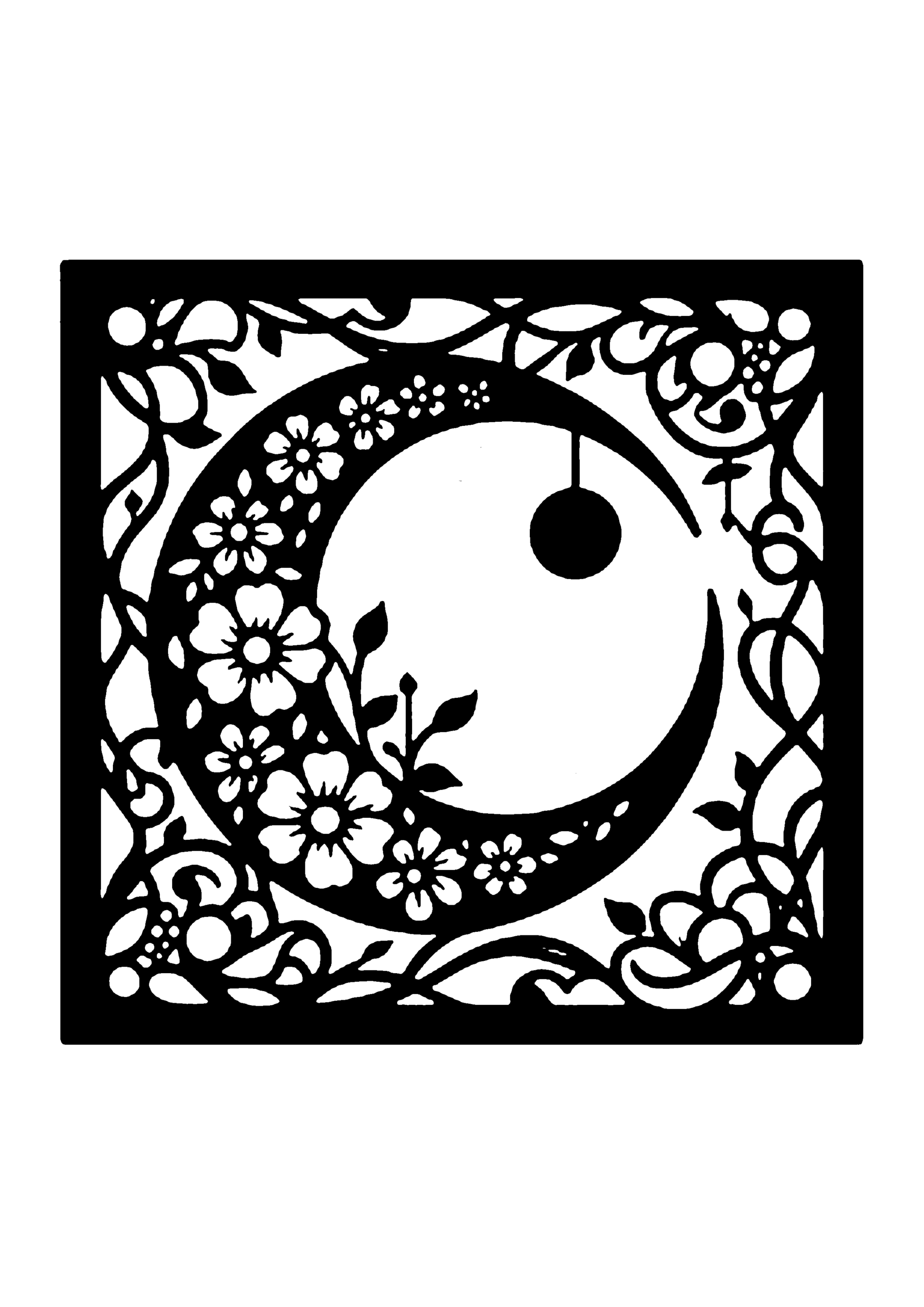 三日月と花の装飾フレームの切り絵図案（無料）｜初心者・中級者向け0210