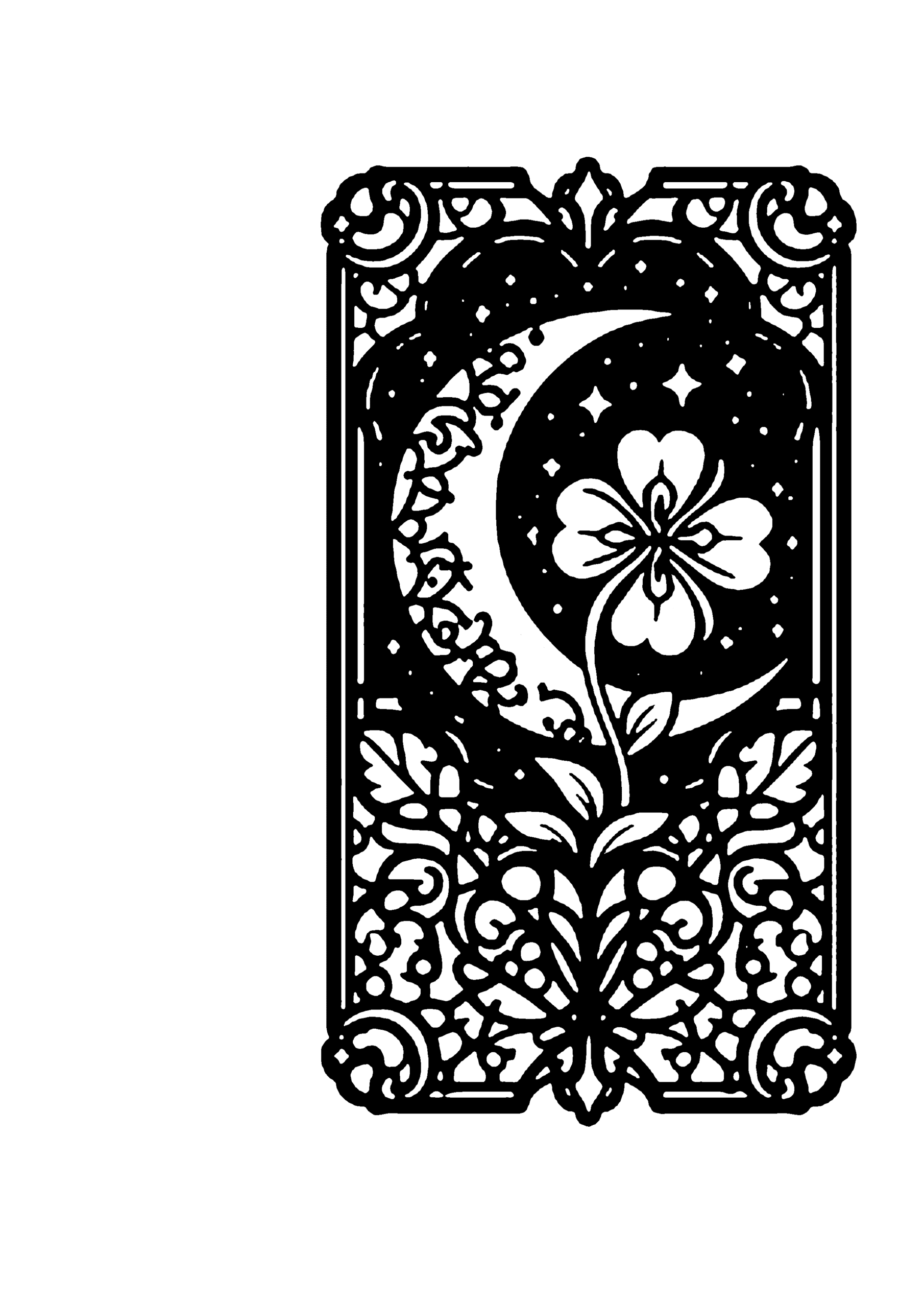 三日月と花の装飾フレームの切り絵図案（無料・初心者・中級者向け）0212