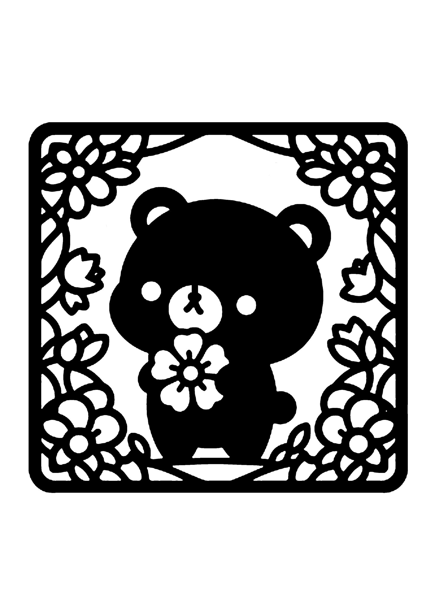 花とクマの可愛い切り絵図案(無料・初心者・中級者向け)0224