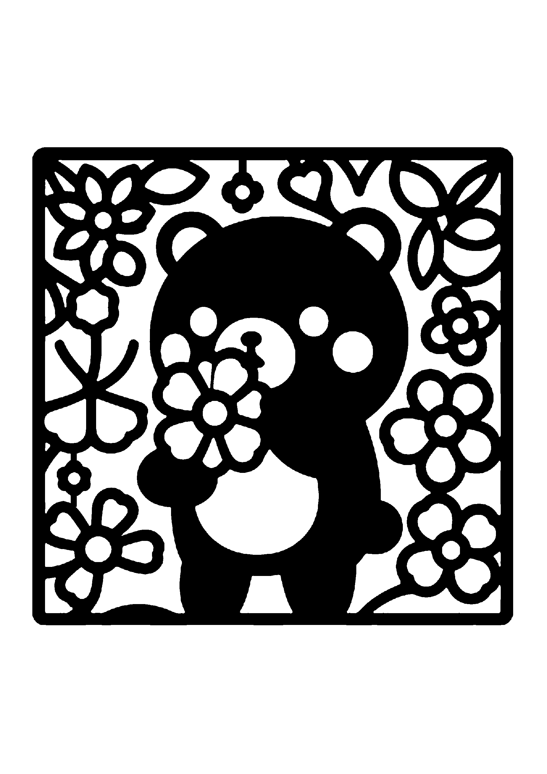 花に囲まれたクマのキャラクター切り絵図案（無料・初心者・中級者向け）0225