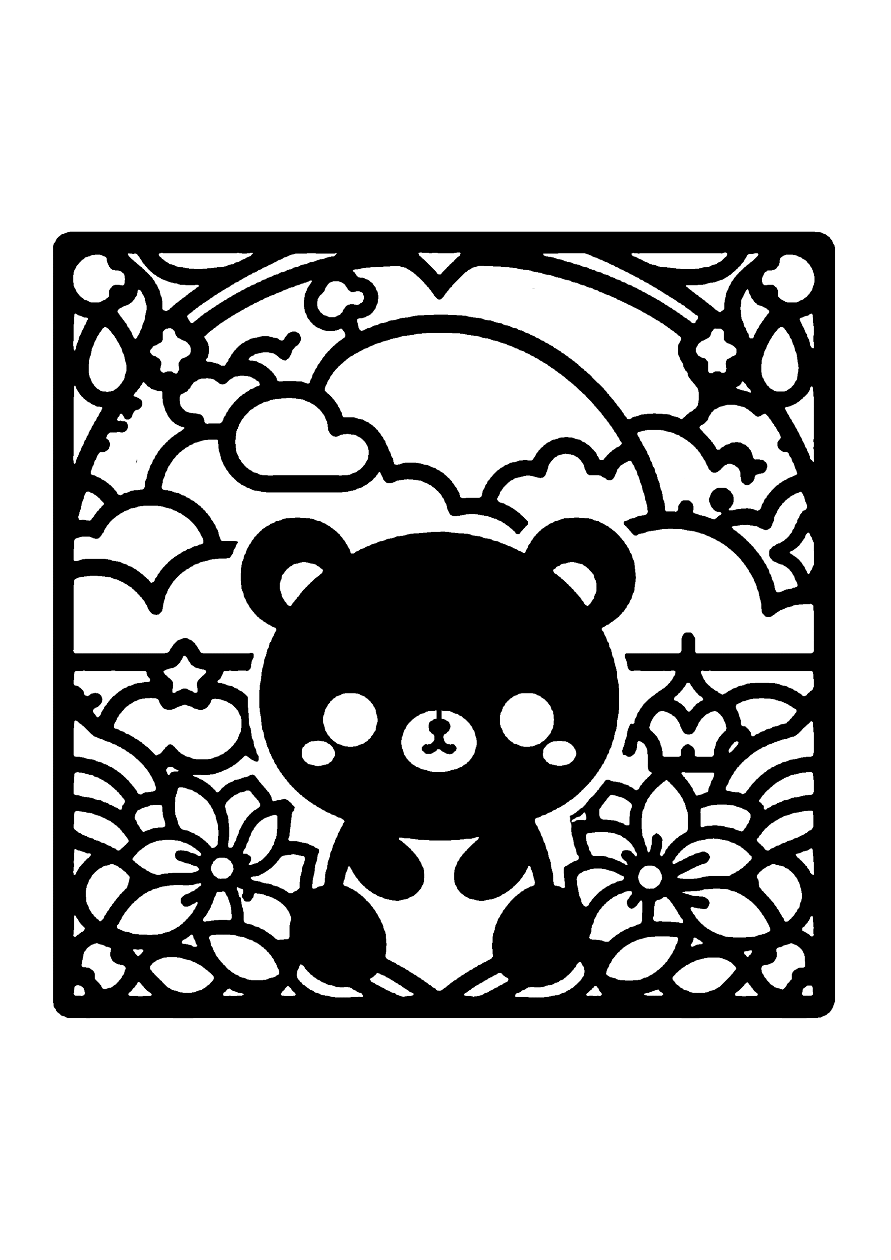 花とクマのシンプルデザイン切り絵図案(無料・初心者・中級者向け)0226