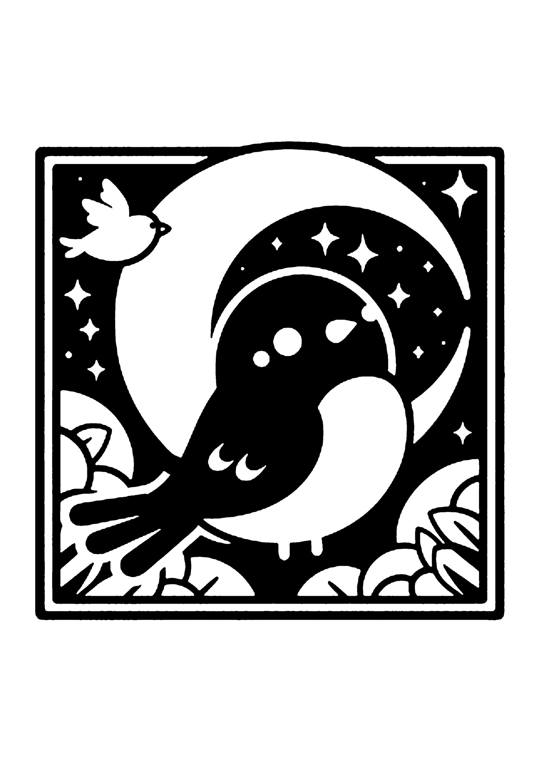 三日月と小鳥のシルエット切り絵図案(無料・初心者・中級者向け)0230