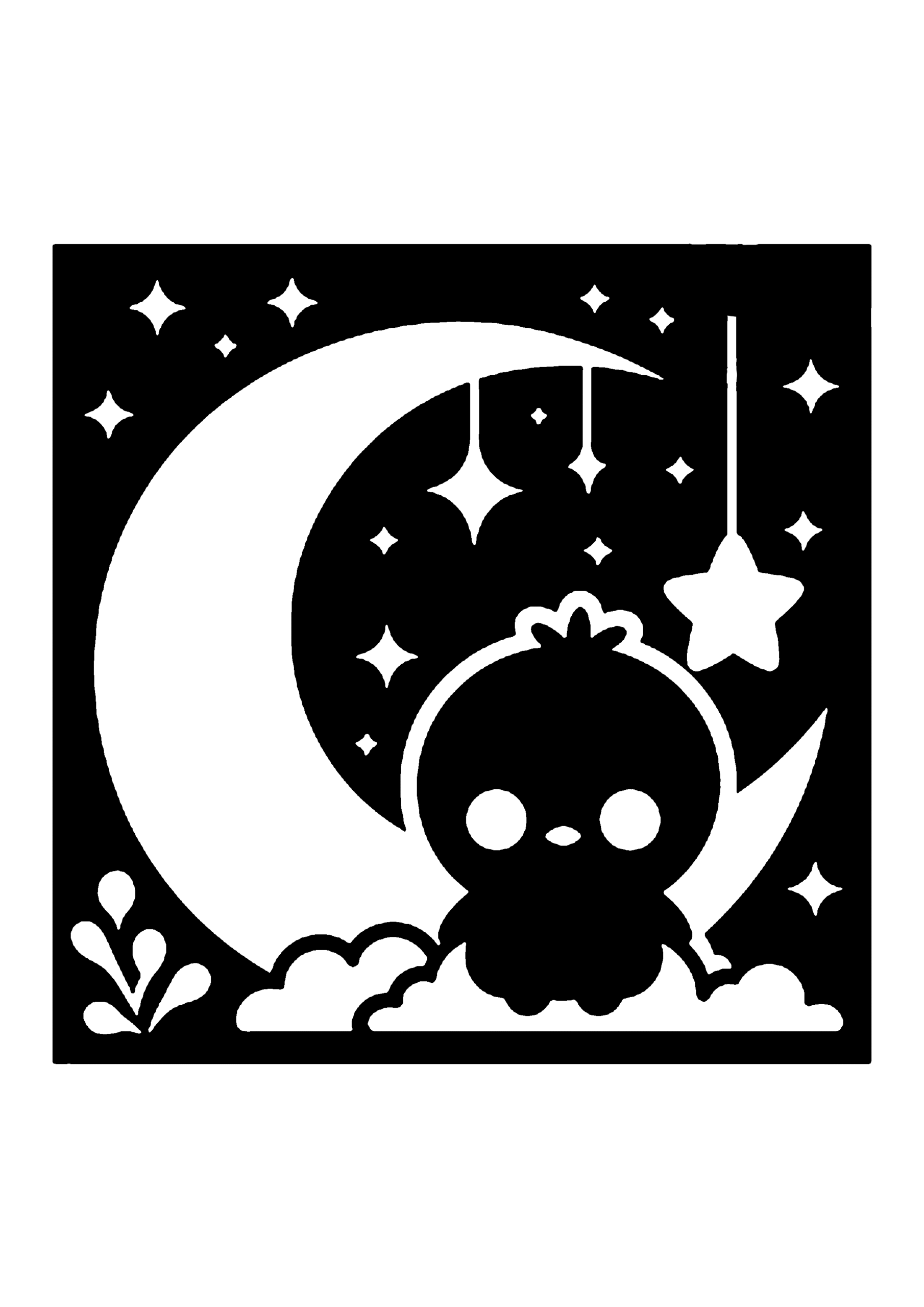 夜空に浮かぶ小さなひよこの切り絵図案（無料・初心者・中級者向け）0232