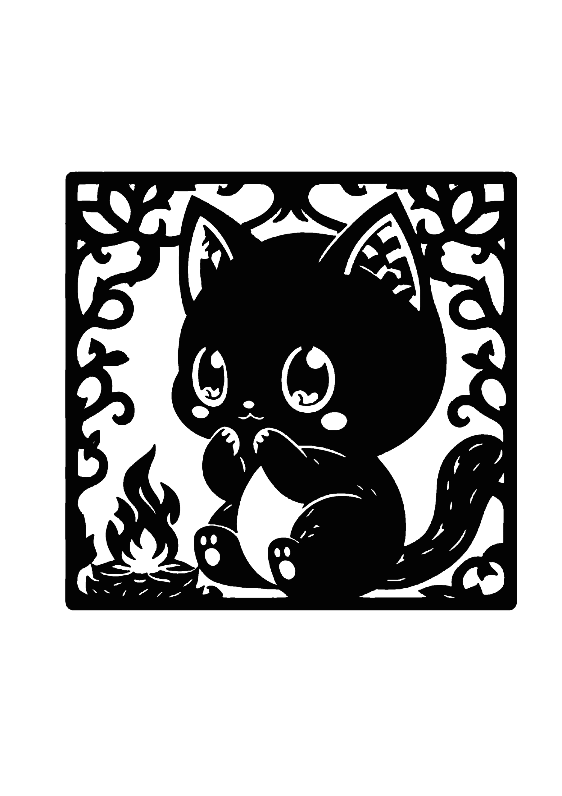 猫とたき火のシンプル切り絵図案(無料・初心者・中級者向け)0236