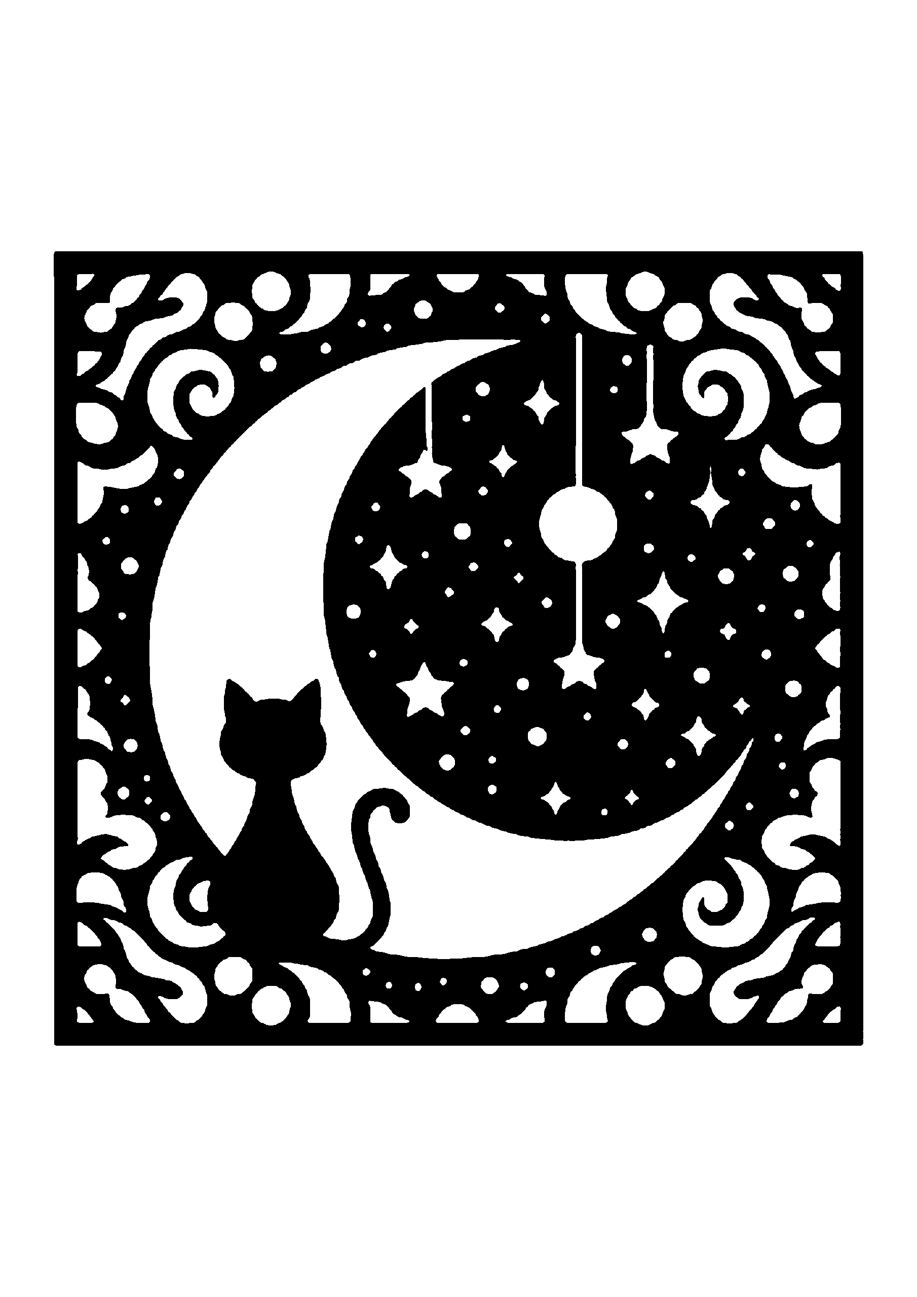 三日月と黒猫の可愛い切り絵図案(無料・初心者・中級者向け)0237