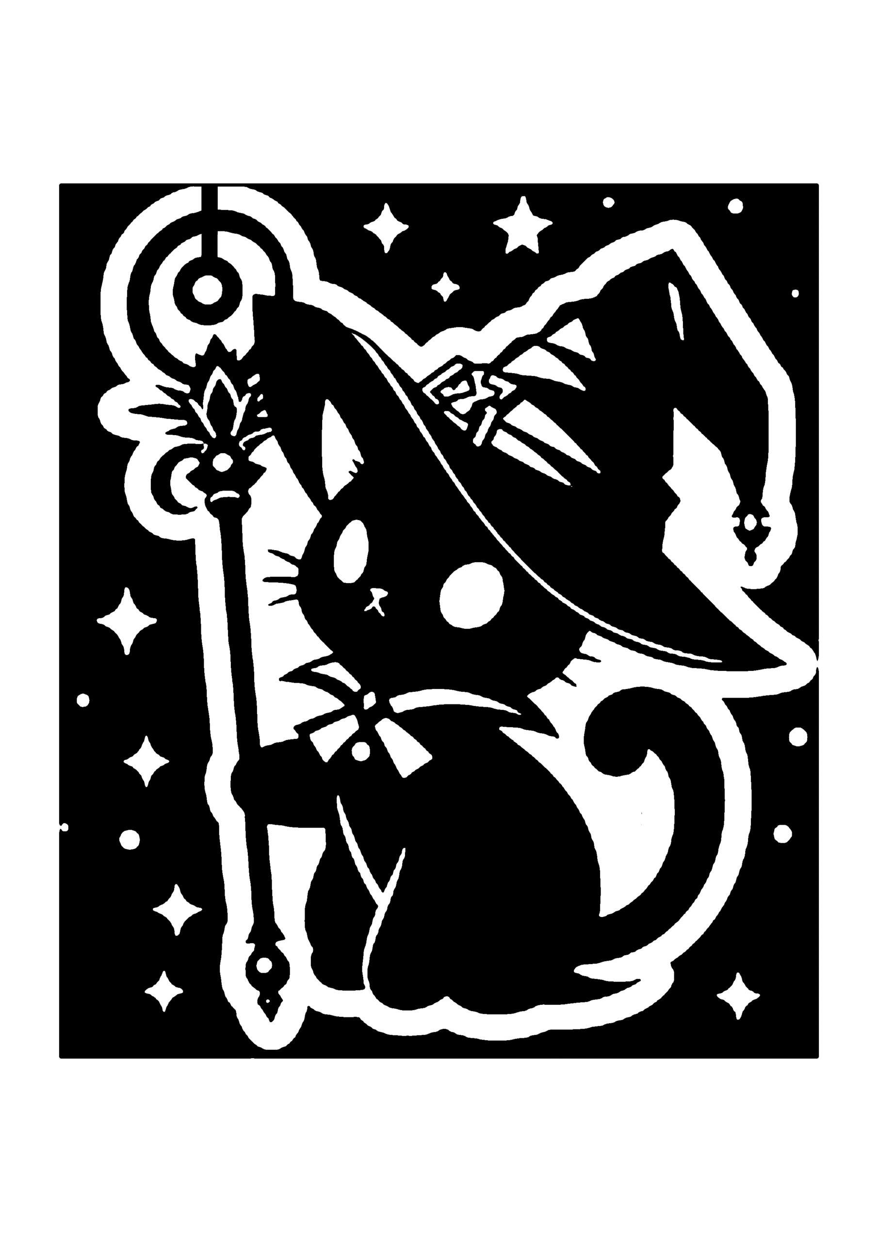 魔法使い風の猫キャラクターの切り絵図案(無料・初心者・中級者向け)0239