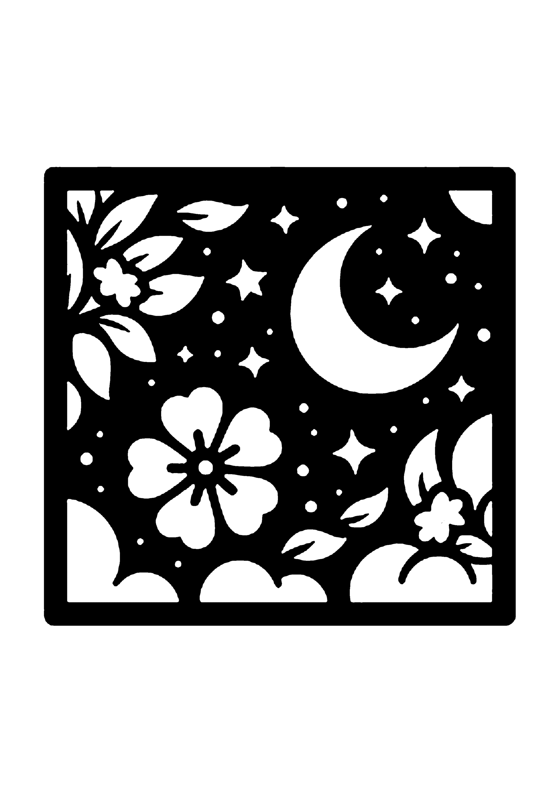 三日月と花のシンプル構図の切り絵図案（無料・初心者・中級者向け）0219