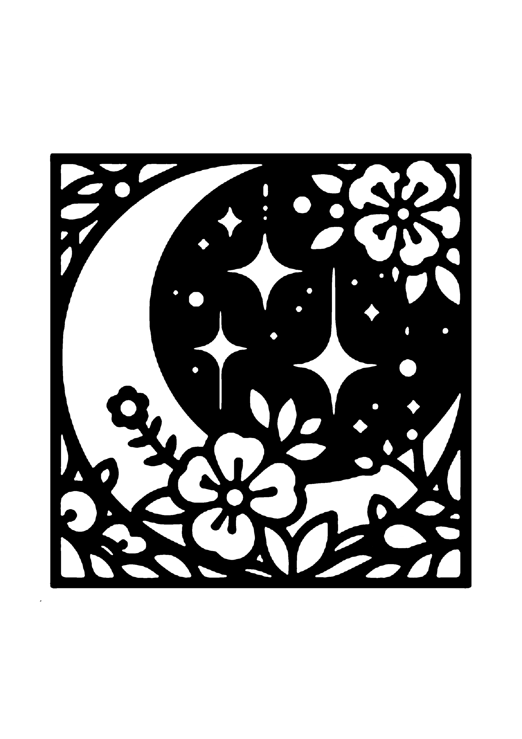 三日月と星と花の夜空デザイン切り絵図案(無料・初心者・中級者向け)0221