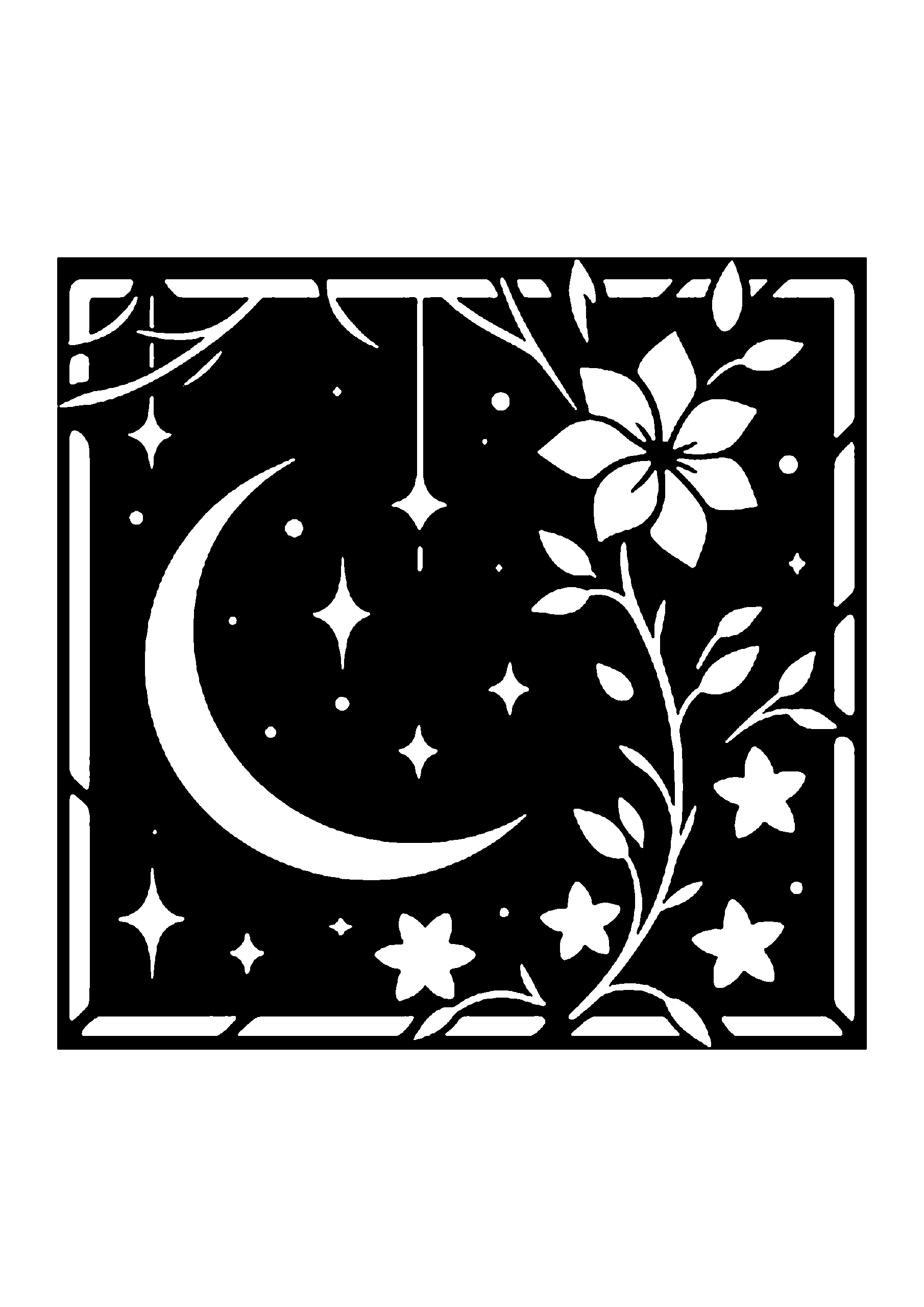 花と三日月のクラシックデザイン切り絵図案（無料・初心者・中級者向け）0223