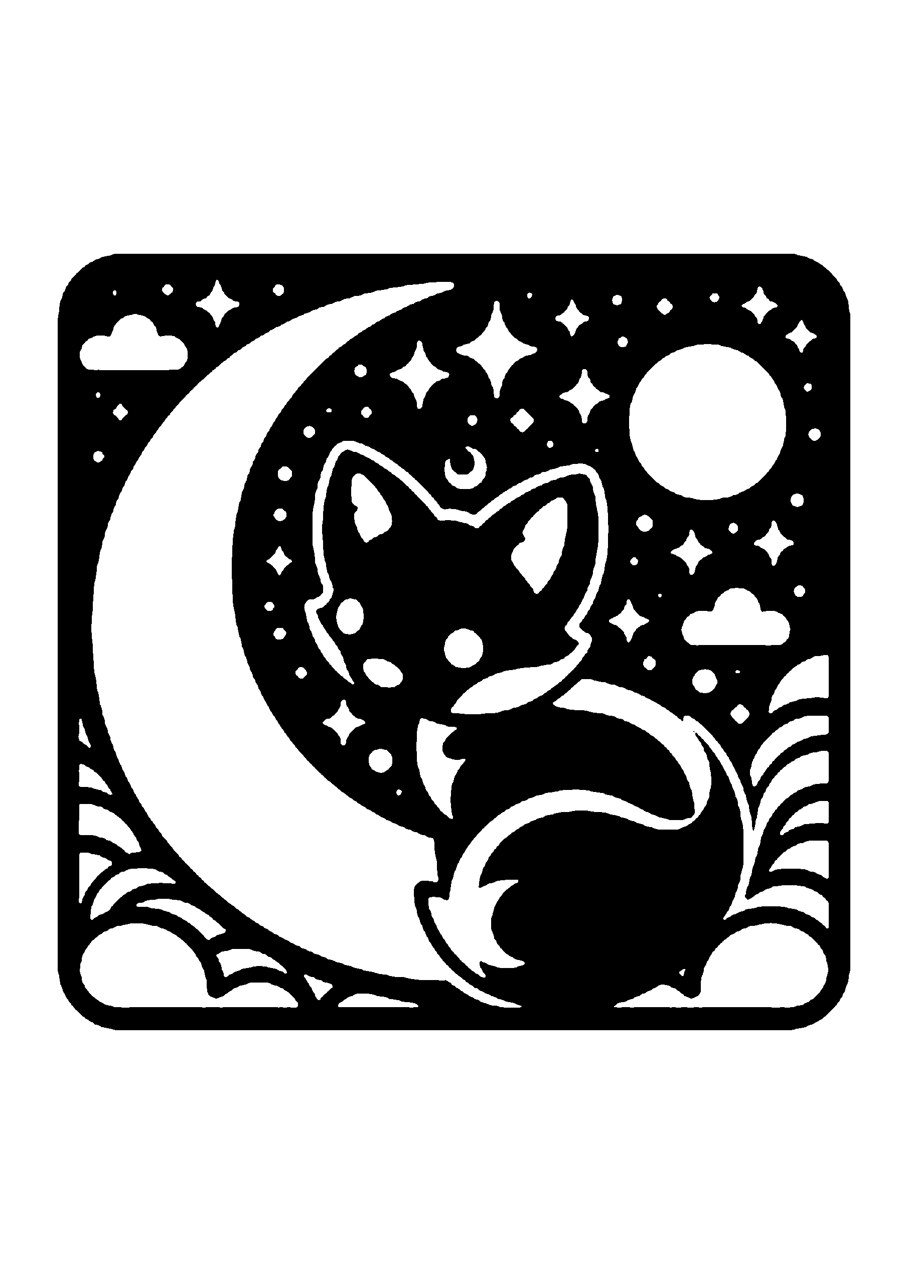 三日月とキツネと星のファンタジー切り絵図案（無料・初心者・中級者向け）0245