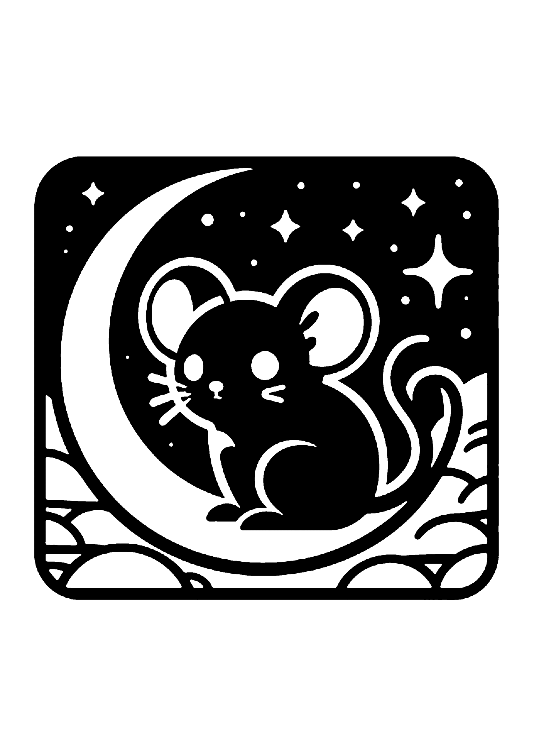 三日月とネズミの可愛い切り絵図案（無料・初心者・中級者向け）0235