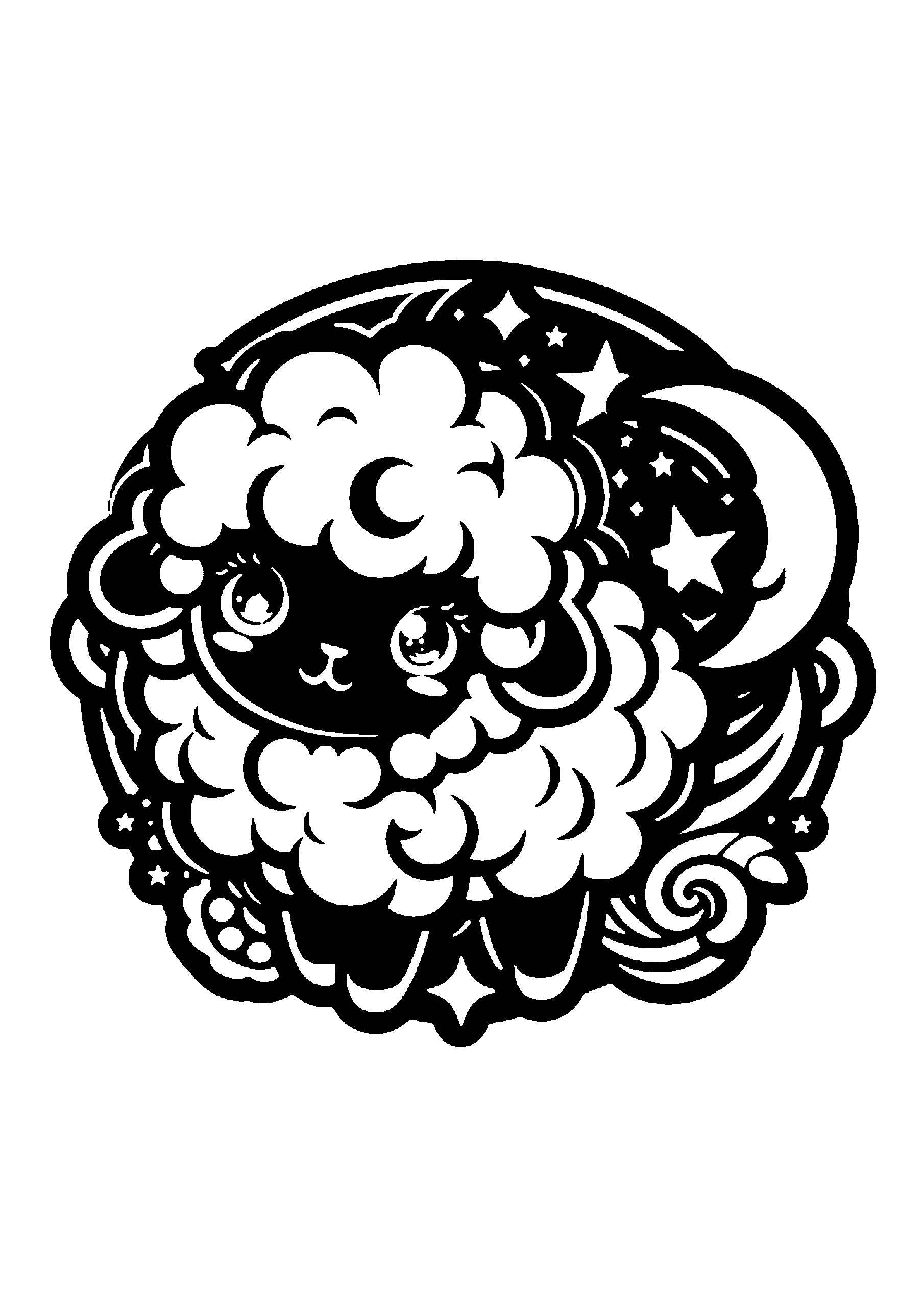 三日月と羊の装飾フレーム切り絵図案(無料・初心者・中級者向け)0247