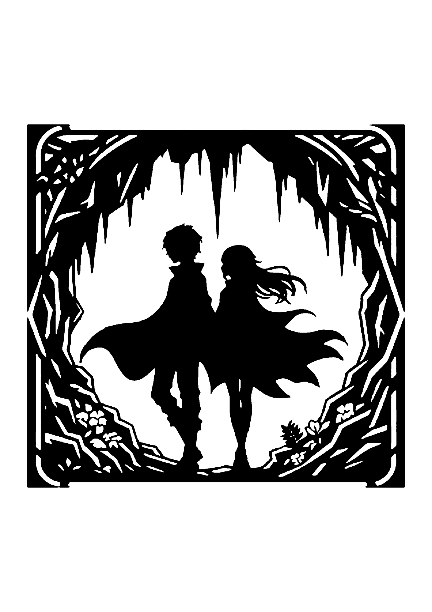 森の中で寄り添うカップルのファンタジー切り絵図案(無料・中級者向け)0290