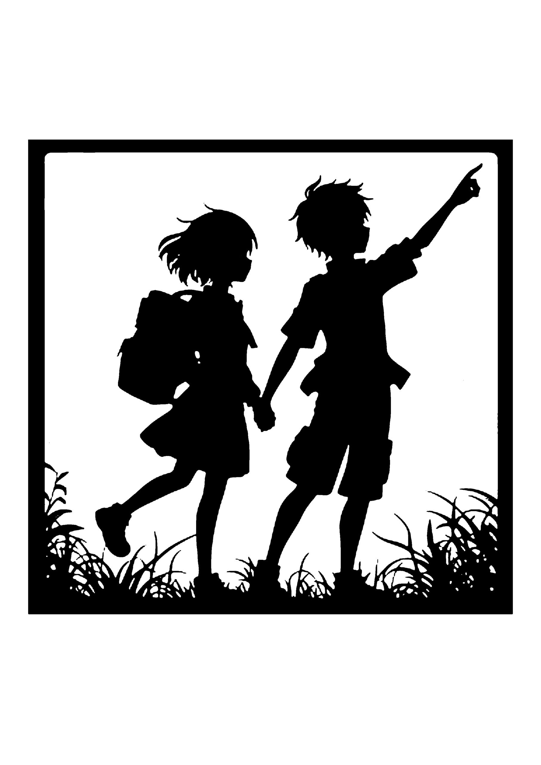 手をつないで歩く子どもたちのシルエット切り絵図案(無料・初心者向け)0291