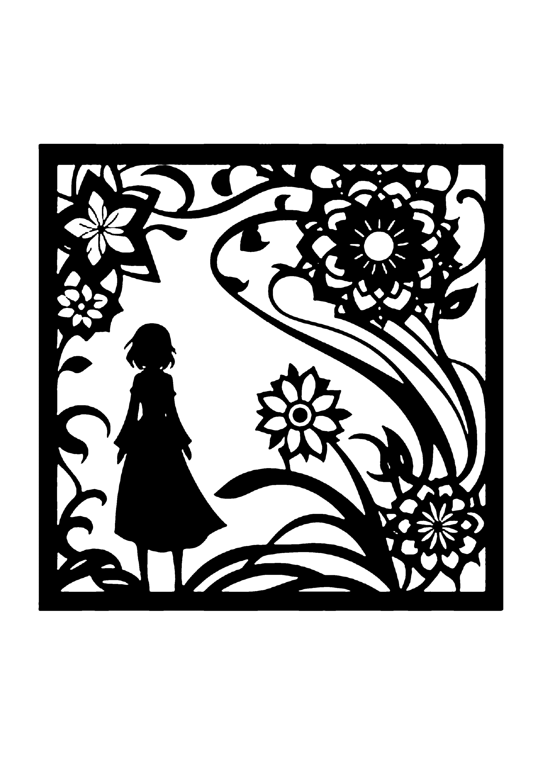 花と植物に囲まれた少女のナチュラルデザイン切り絵図案（無料・中級者向け）0277