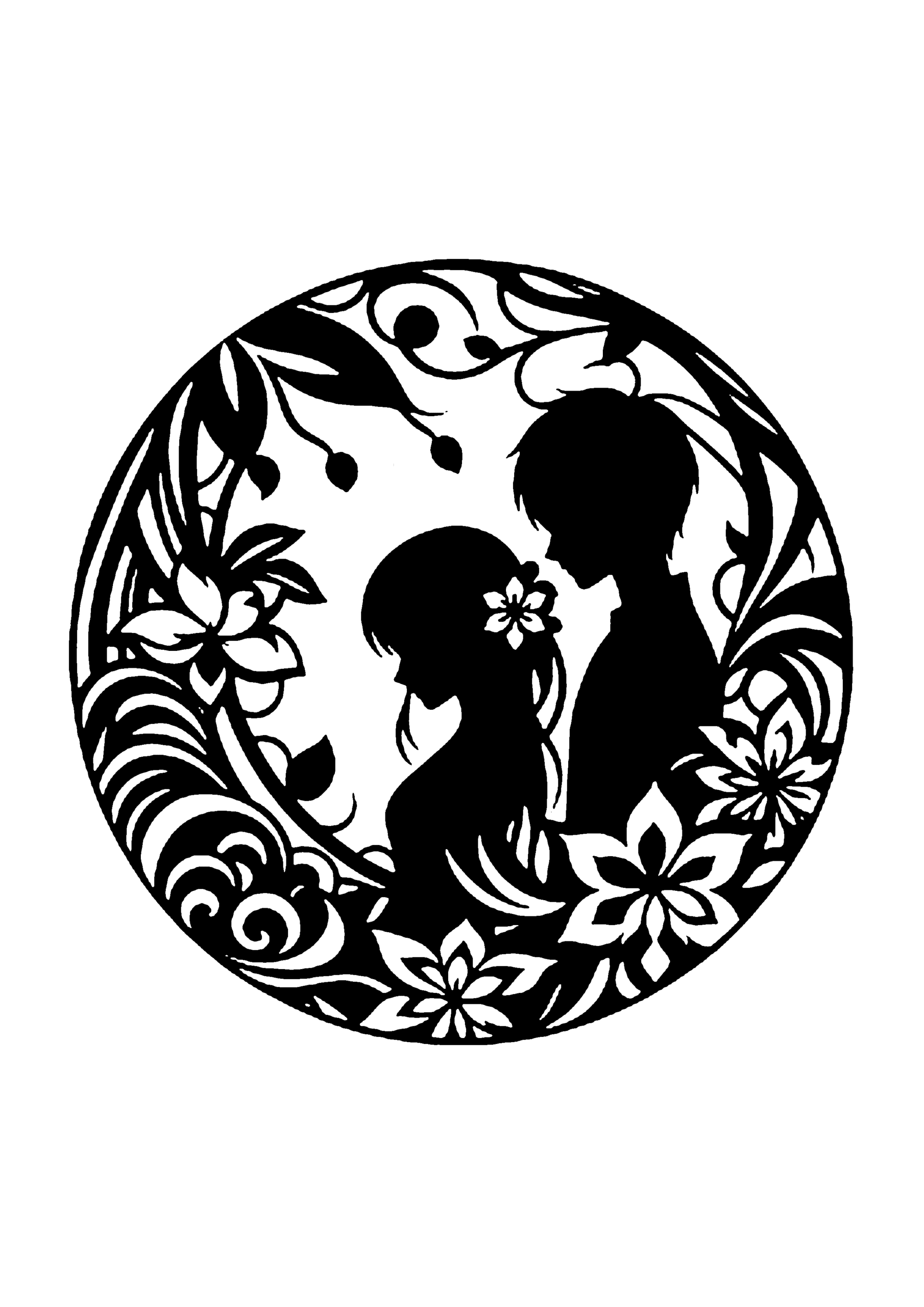 花に囲まれたカップルのロマンチックシルエット切り絵図案(無料・中級者向け)0278