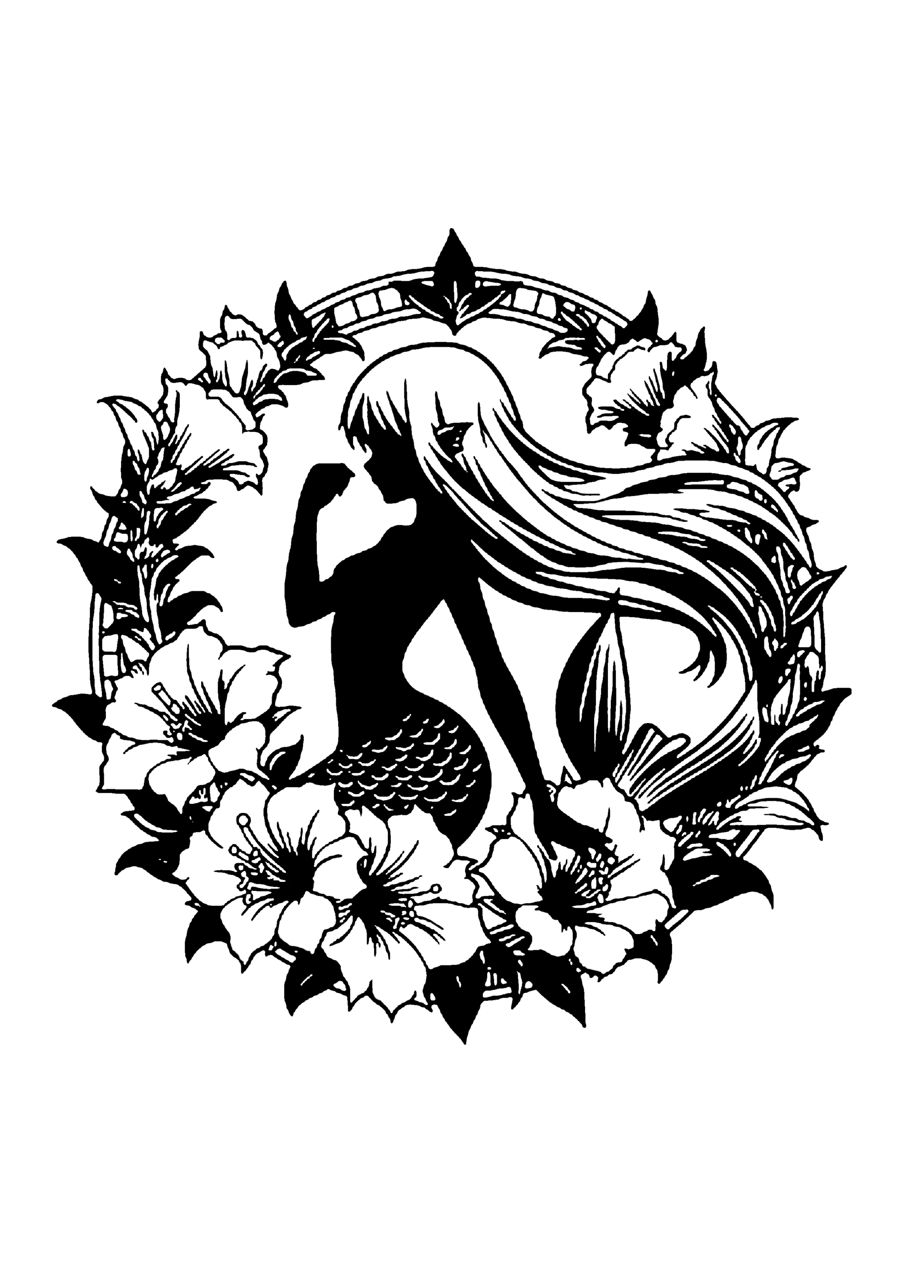 花リースと人魚のファンタジーシルエット切り絵図案(無料・中級者向け)0280