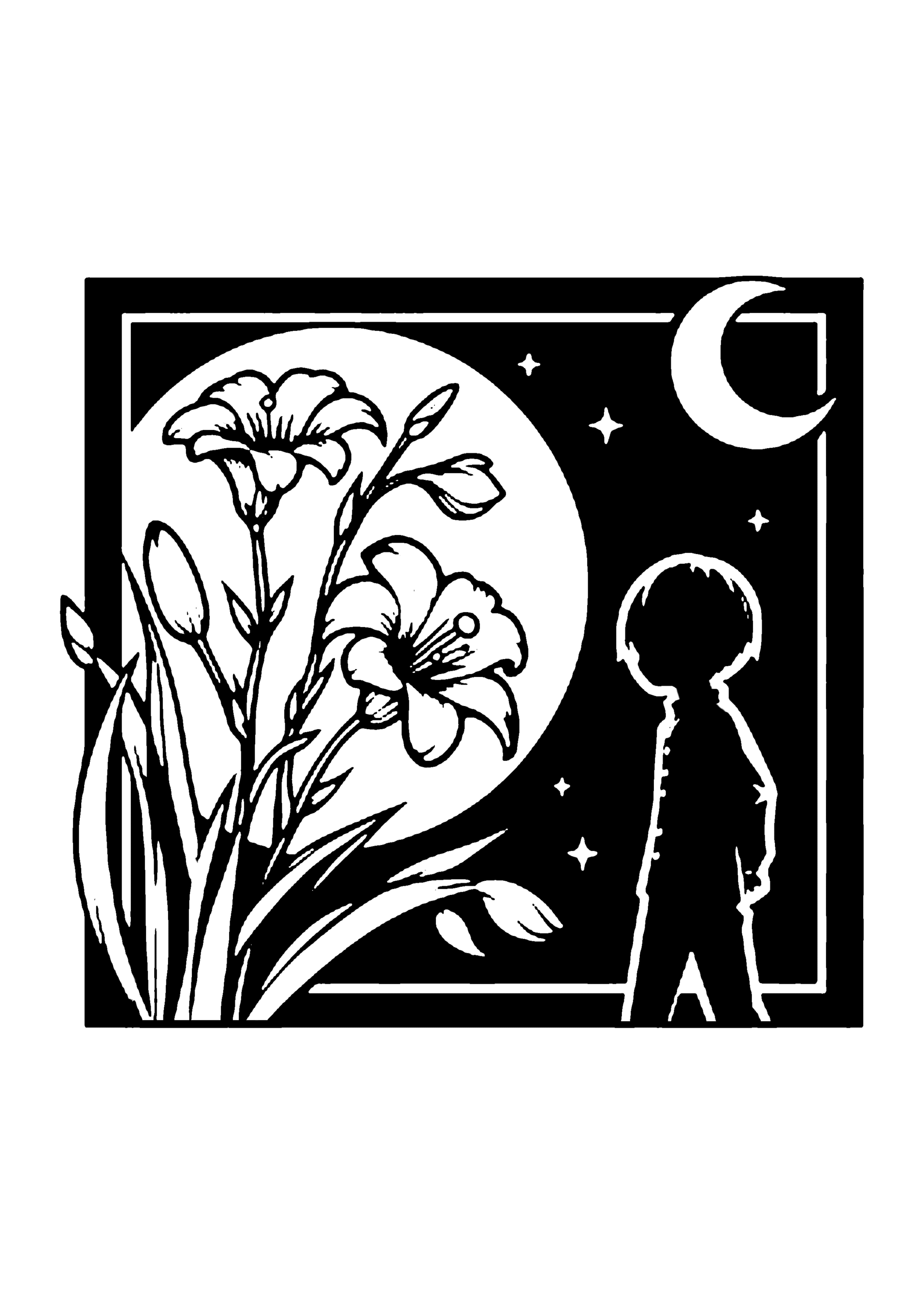 花と少年の月夜シンプルシルエット切り絵図案（無料・初心者向け）0282