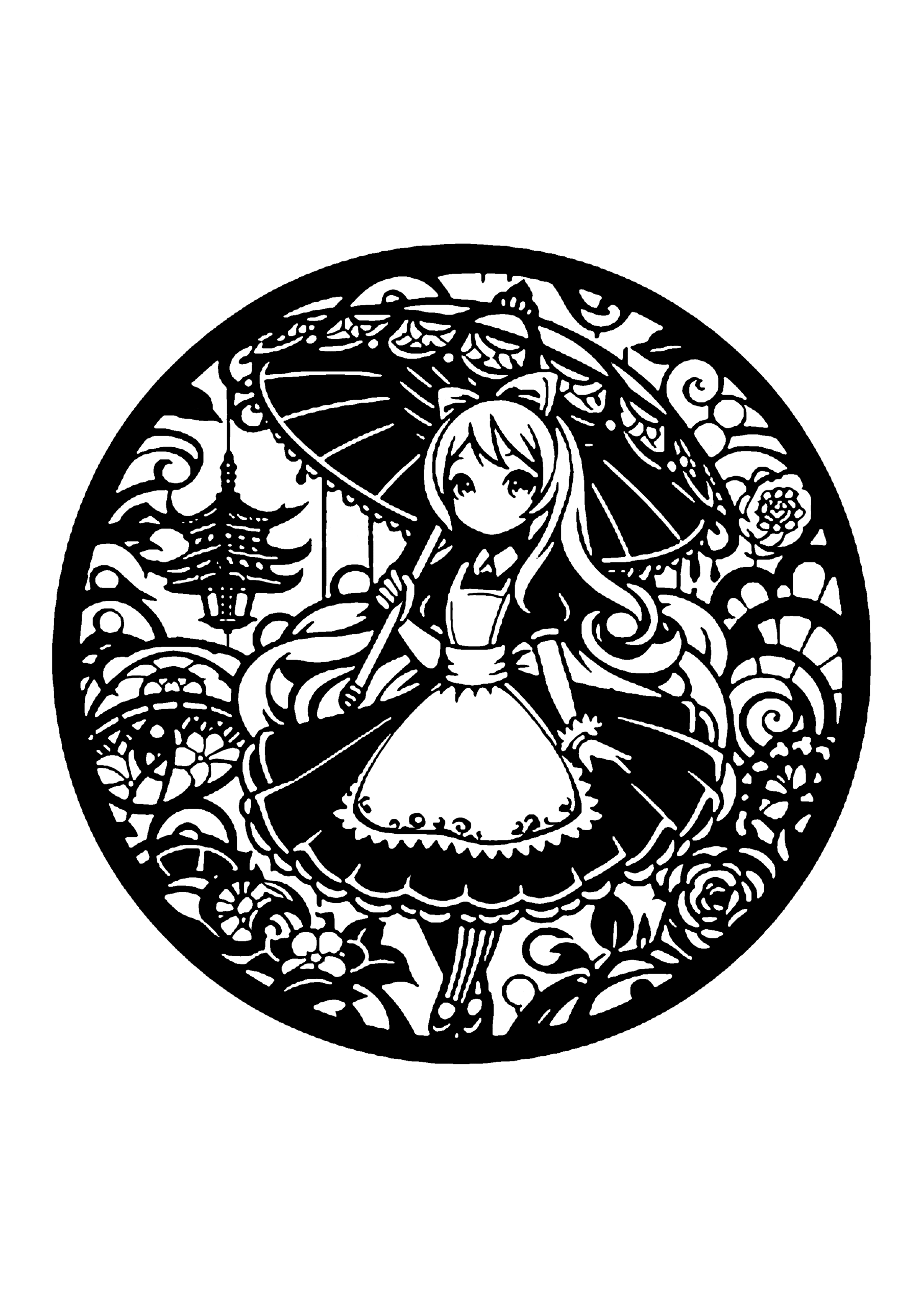 ドレスの少女と風景の円形シルエット切り絵図案（無料・中級者向け）0286