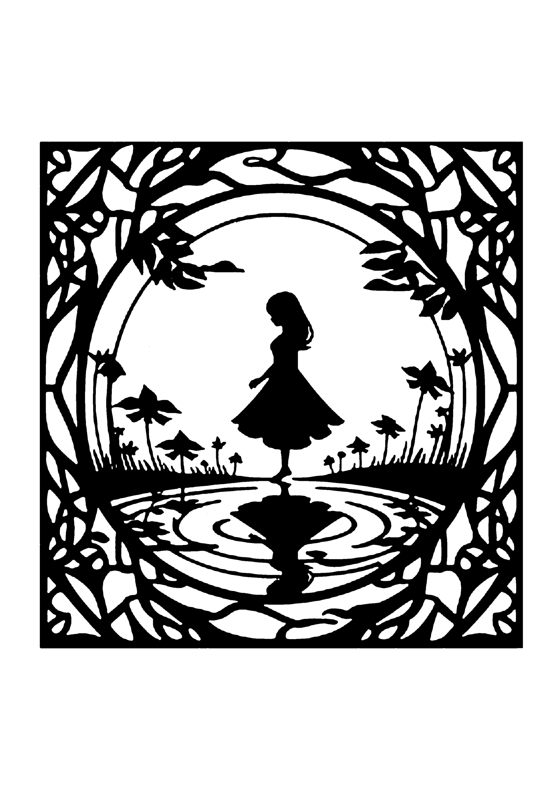 水辺に立つ少女とリース風フレームの切り絵図案(無料・初心者・中級者向け)0287