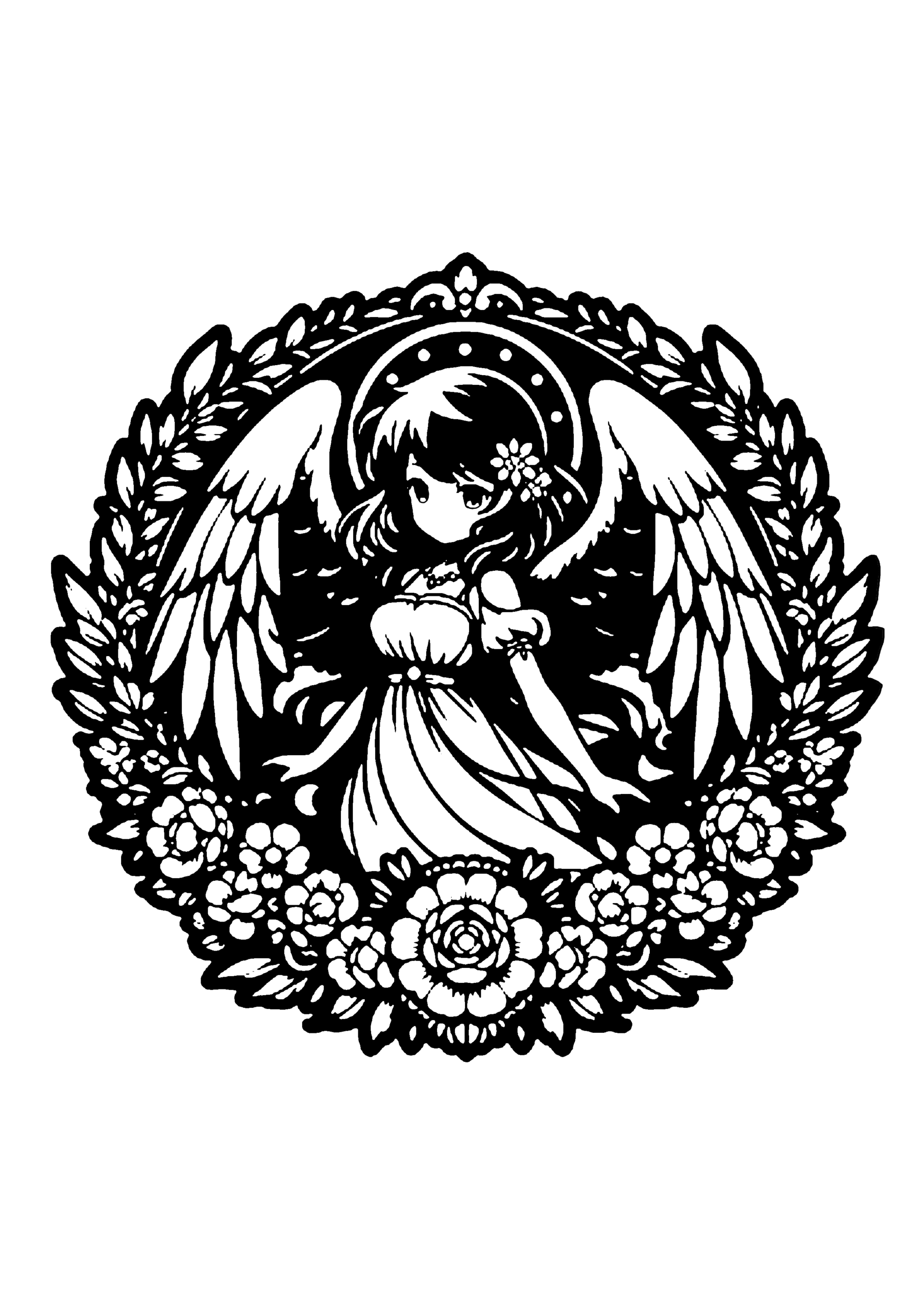 花リースと天使の翼を持つ少女の幻想切り絵図案（無料・中級者向け）0288