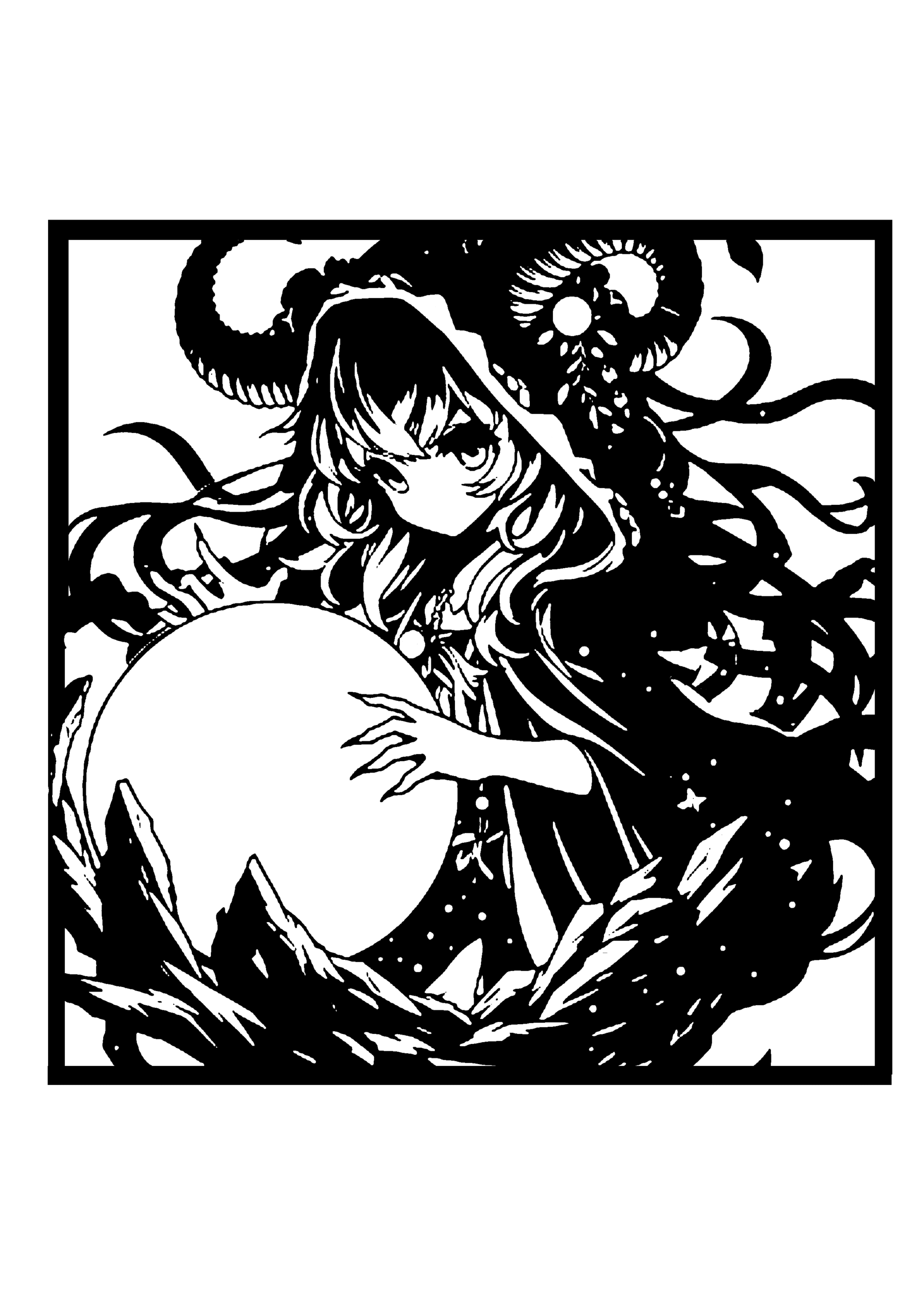 水晶玉を抱く魔女のファンタジーシルエット切り絵図案(無料・中級者向け)0289