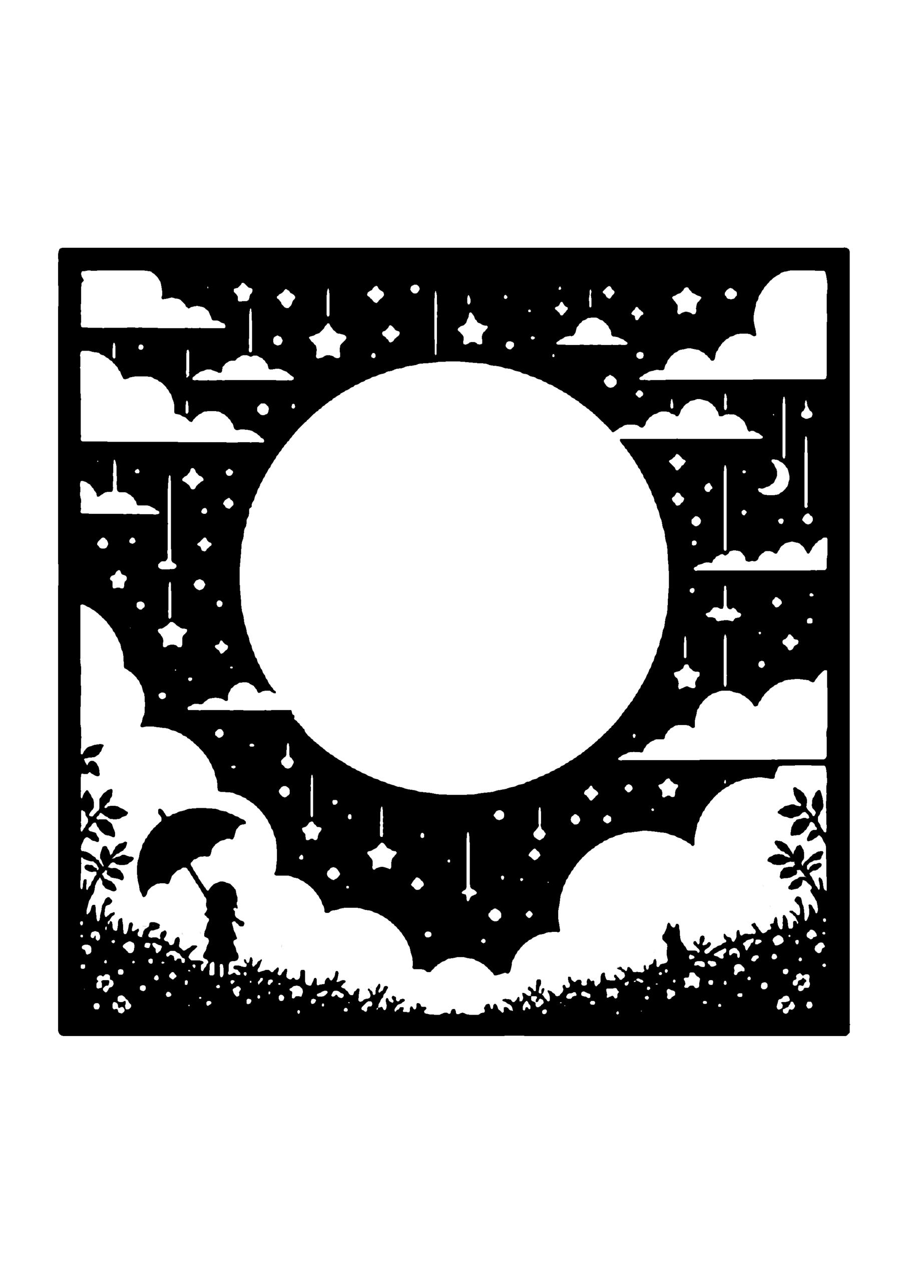 満月と雲のシンプル夜空風景切り絵図案（無料・初心者向け）0248