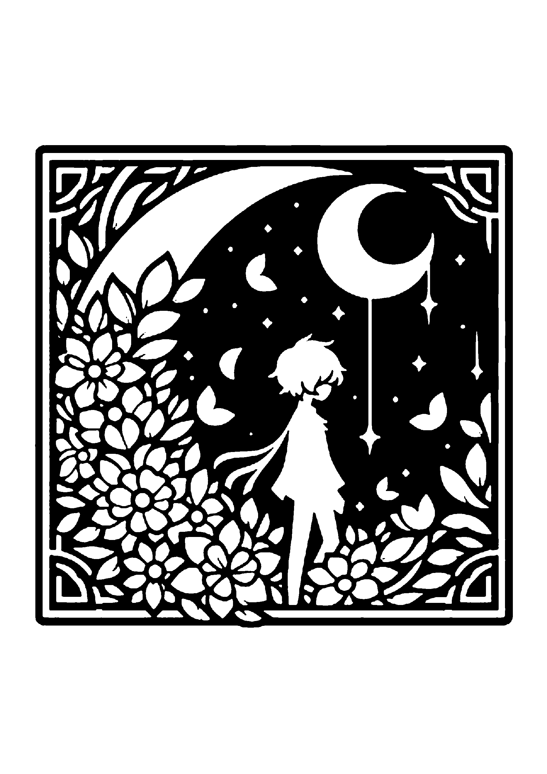 花畑と三日月の下に立つ少女のメルヘン切り絵図案(無料・初心者・中級者向け)0249