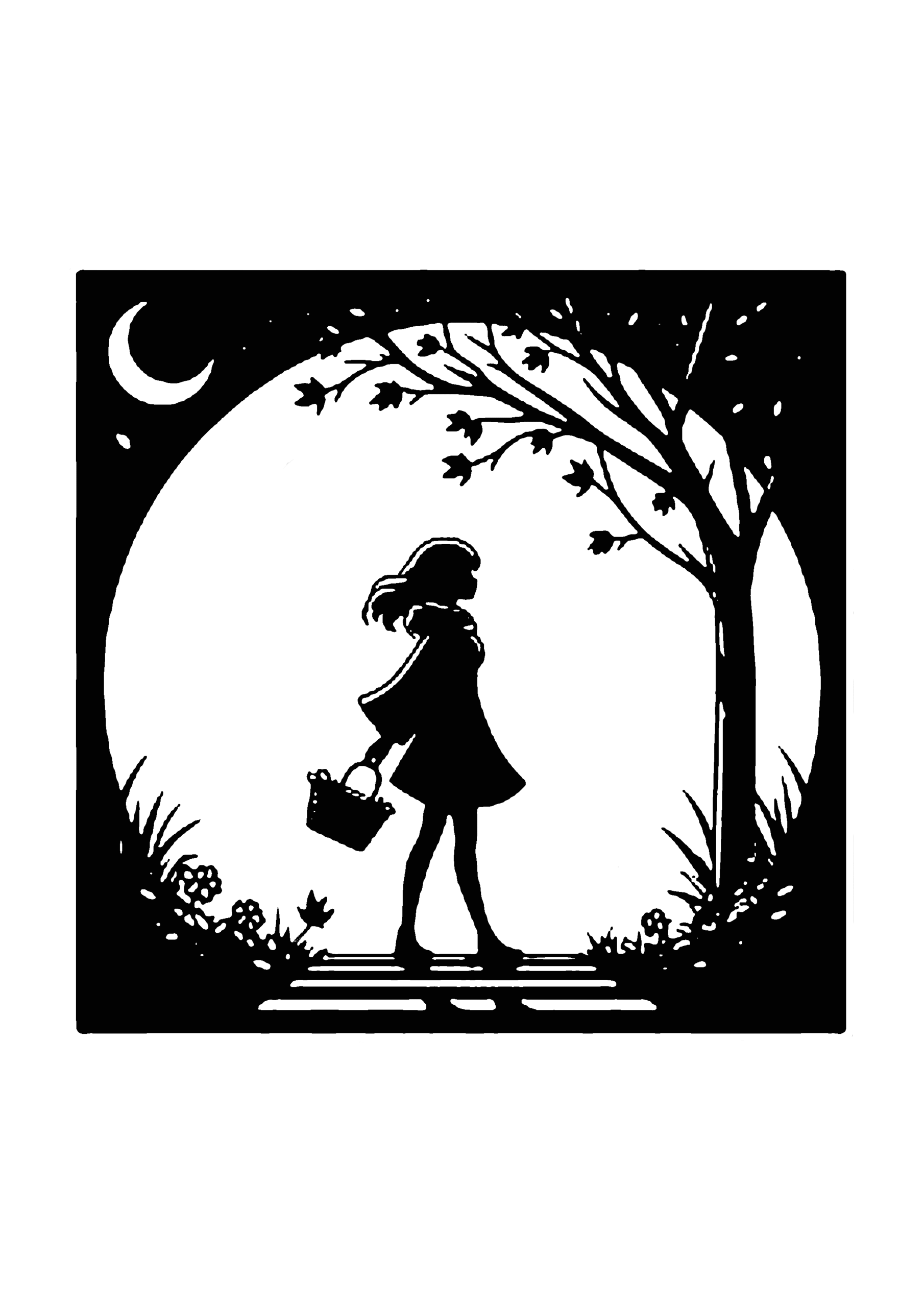 月夜に歩く少女のシンプルシルエット切り絵図案（無料・初心者向け）0250