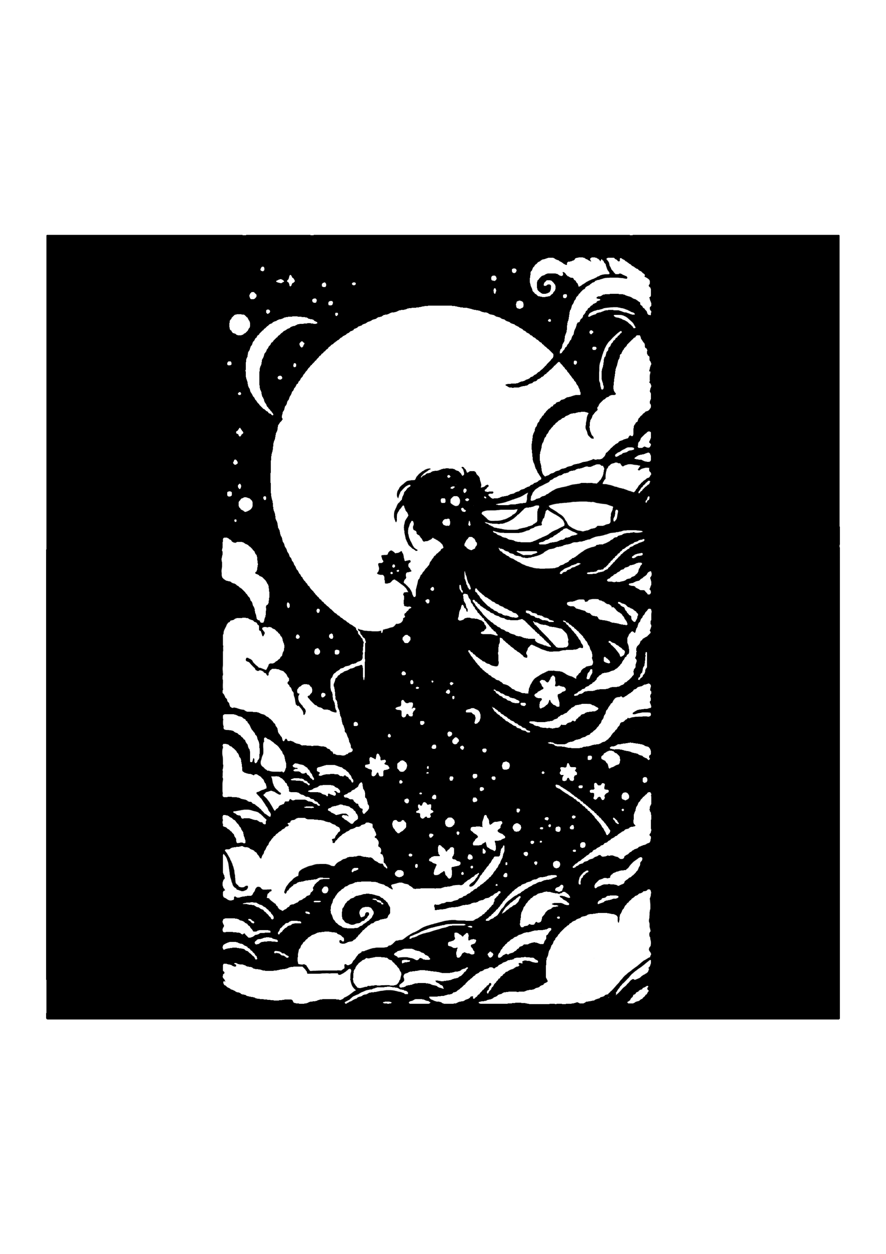 満月と雲の和風少女のシルエット切り絵図案(無料・初心者向け)0251