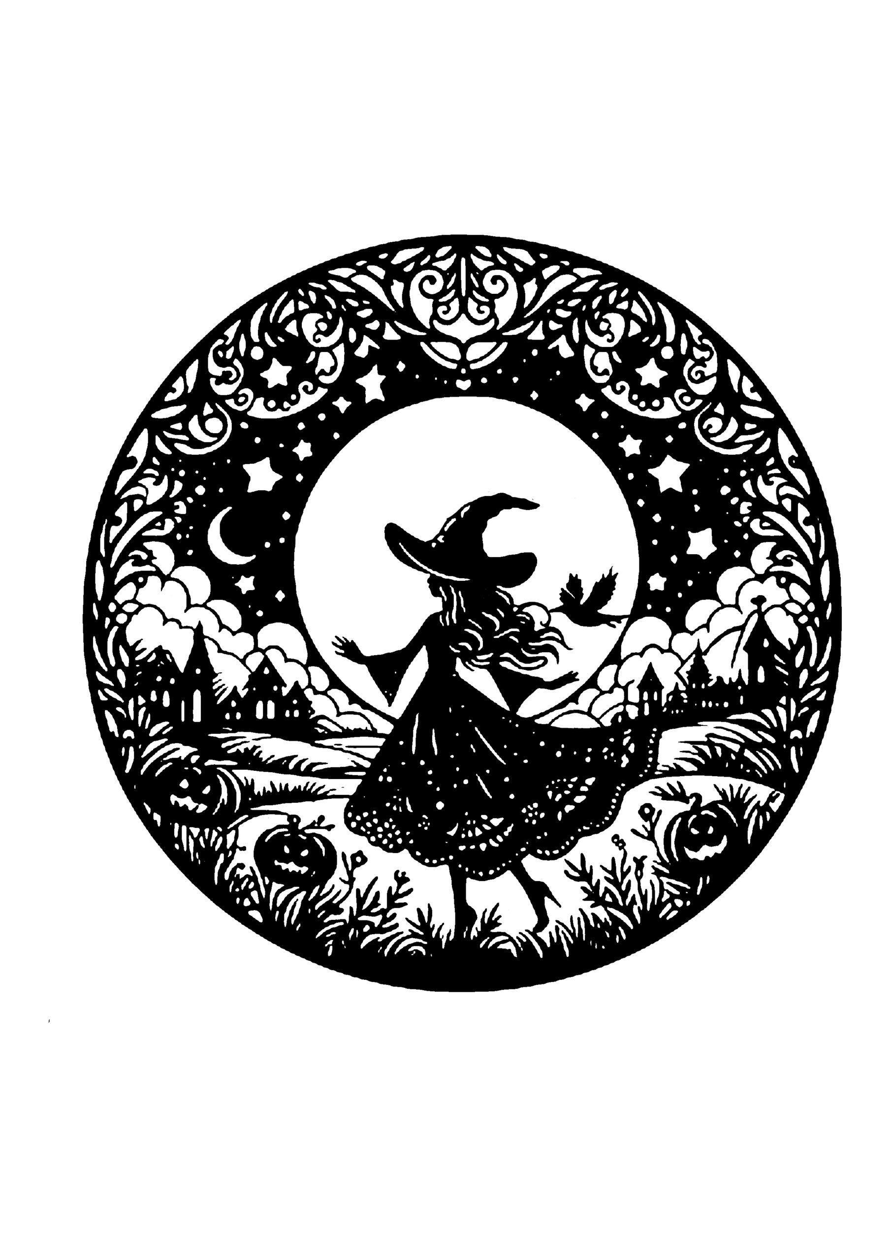 満月の草原を歩く魔女の切り絵図案(無料・初心者向け)0252