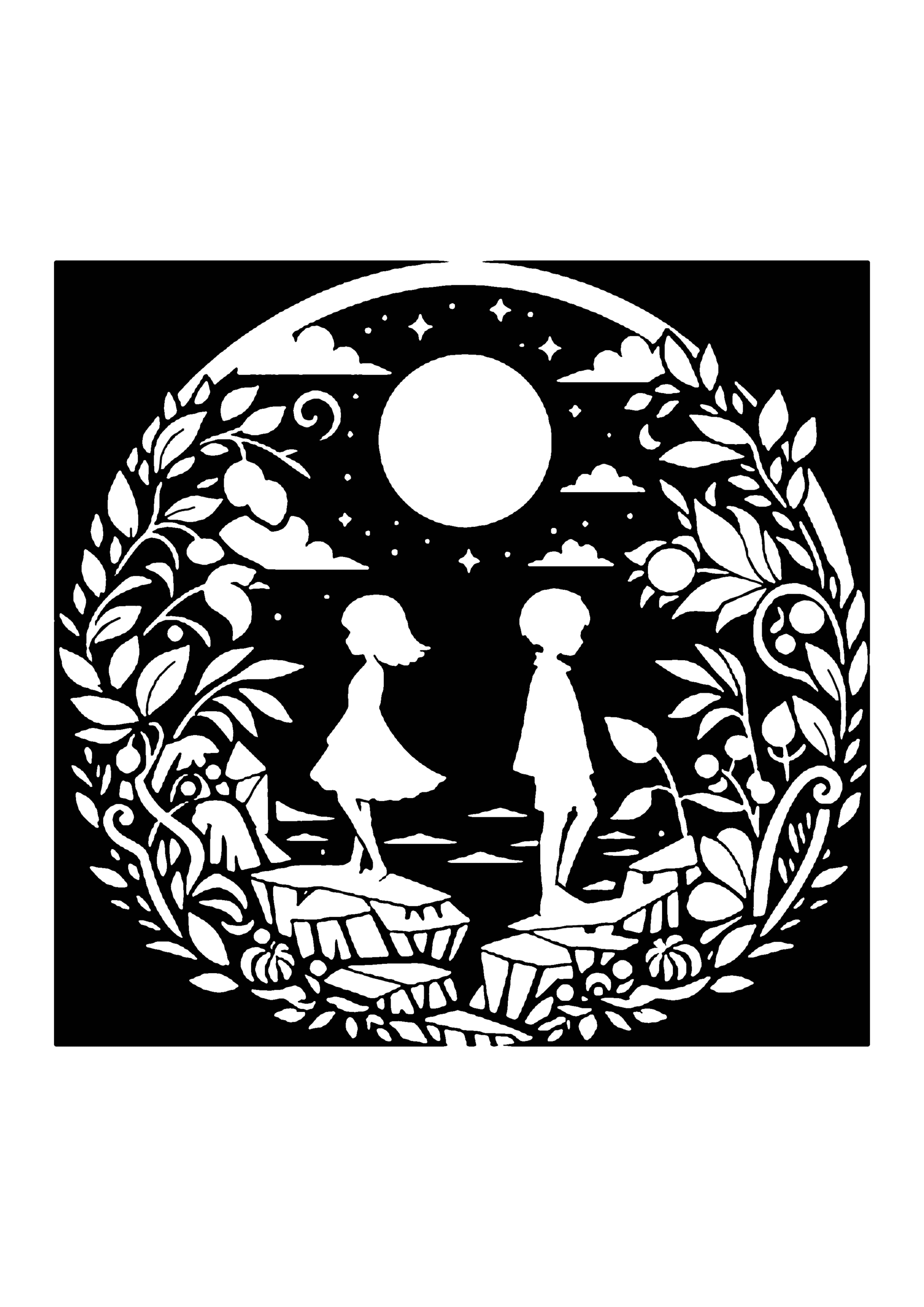 月夜に背中合わせの子どもたちの風景切り絵図案(無料・中級者向け)0254
