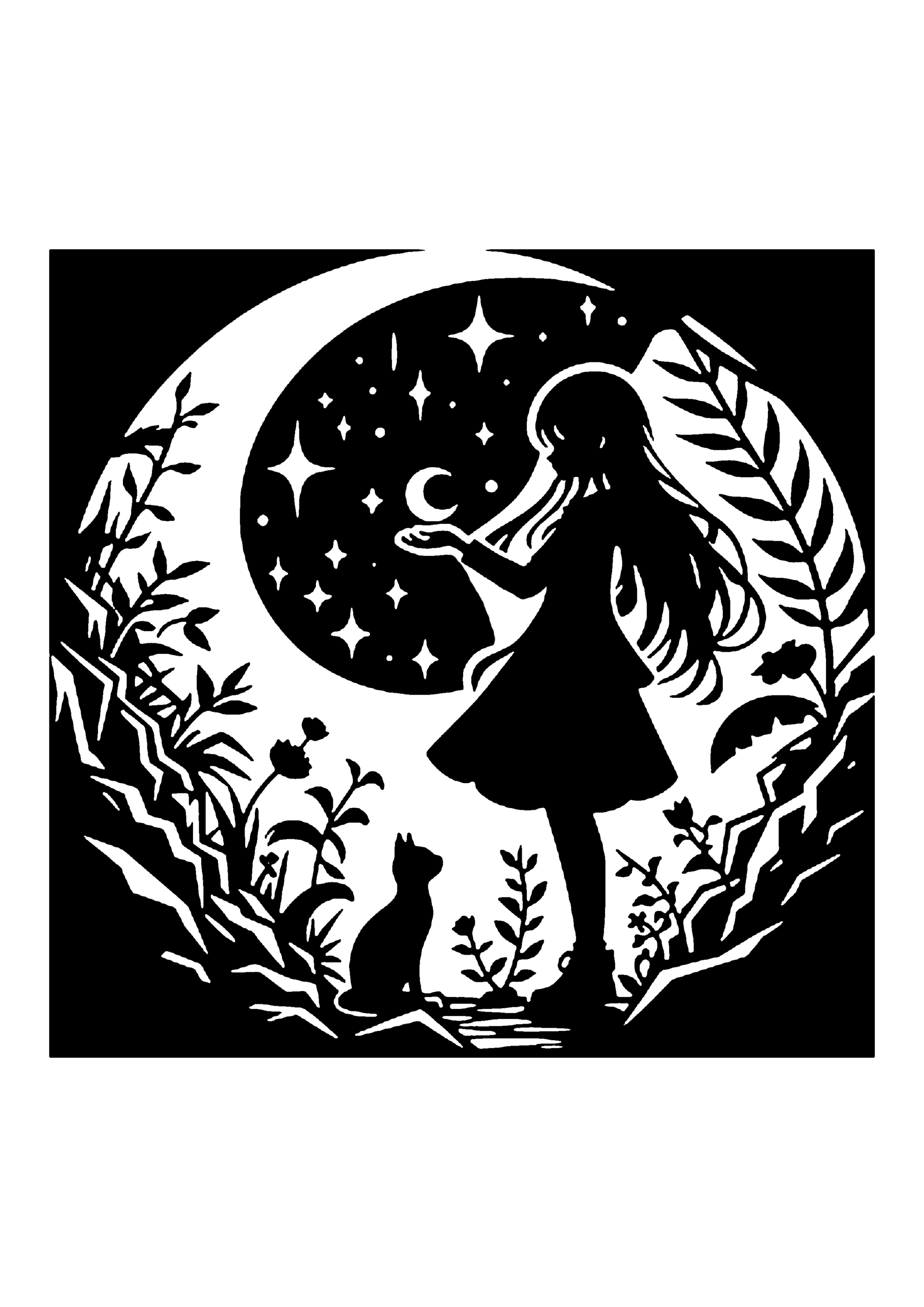 星空と三日月と少女の幻想的シルエット切り絵図案(無料・中級者向け)0255