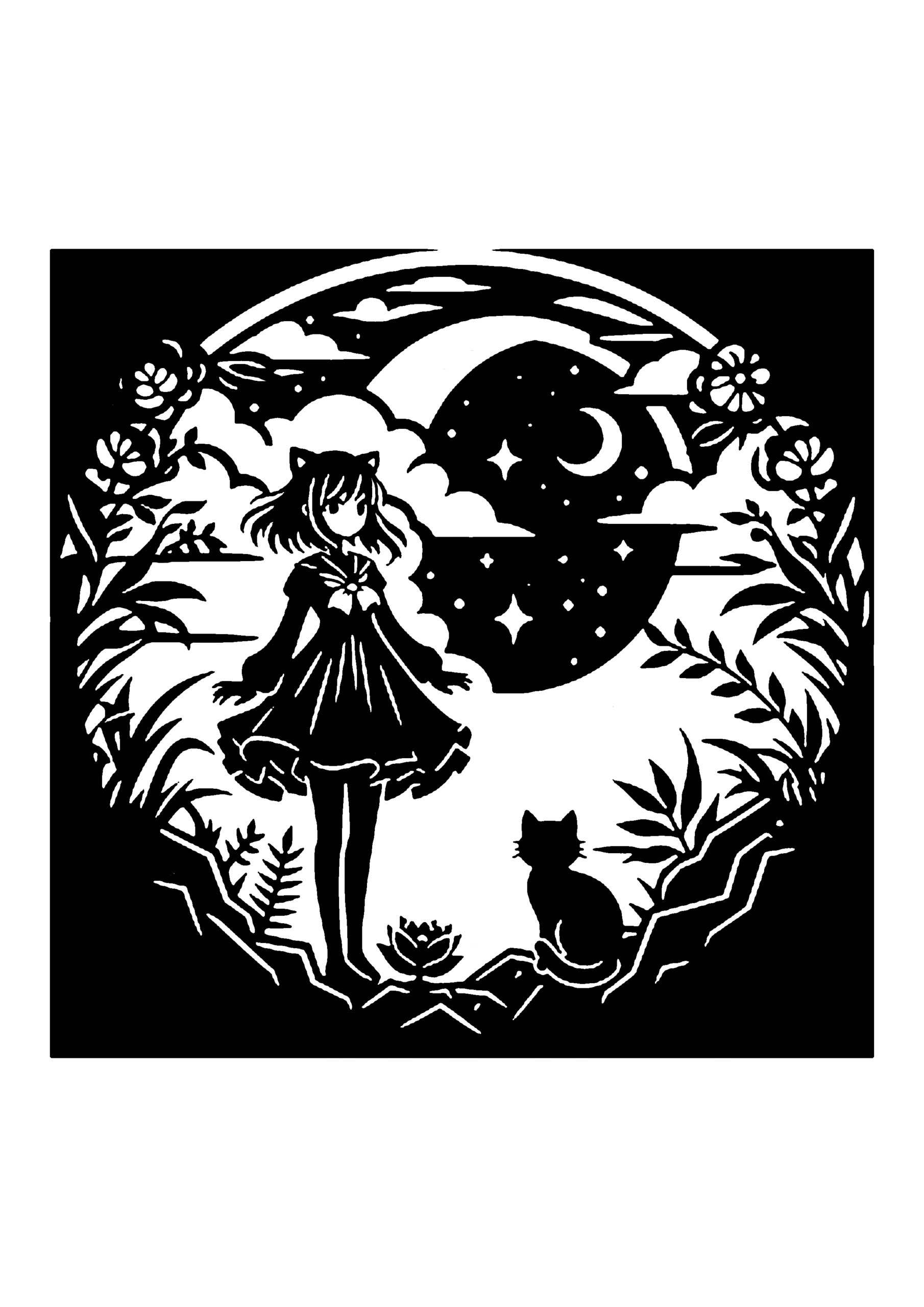 少女と猫の夜空ファンタジー切り絵図案（無料・中級者向け）0256