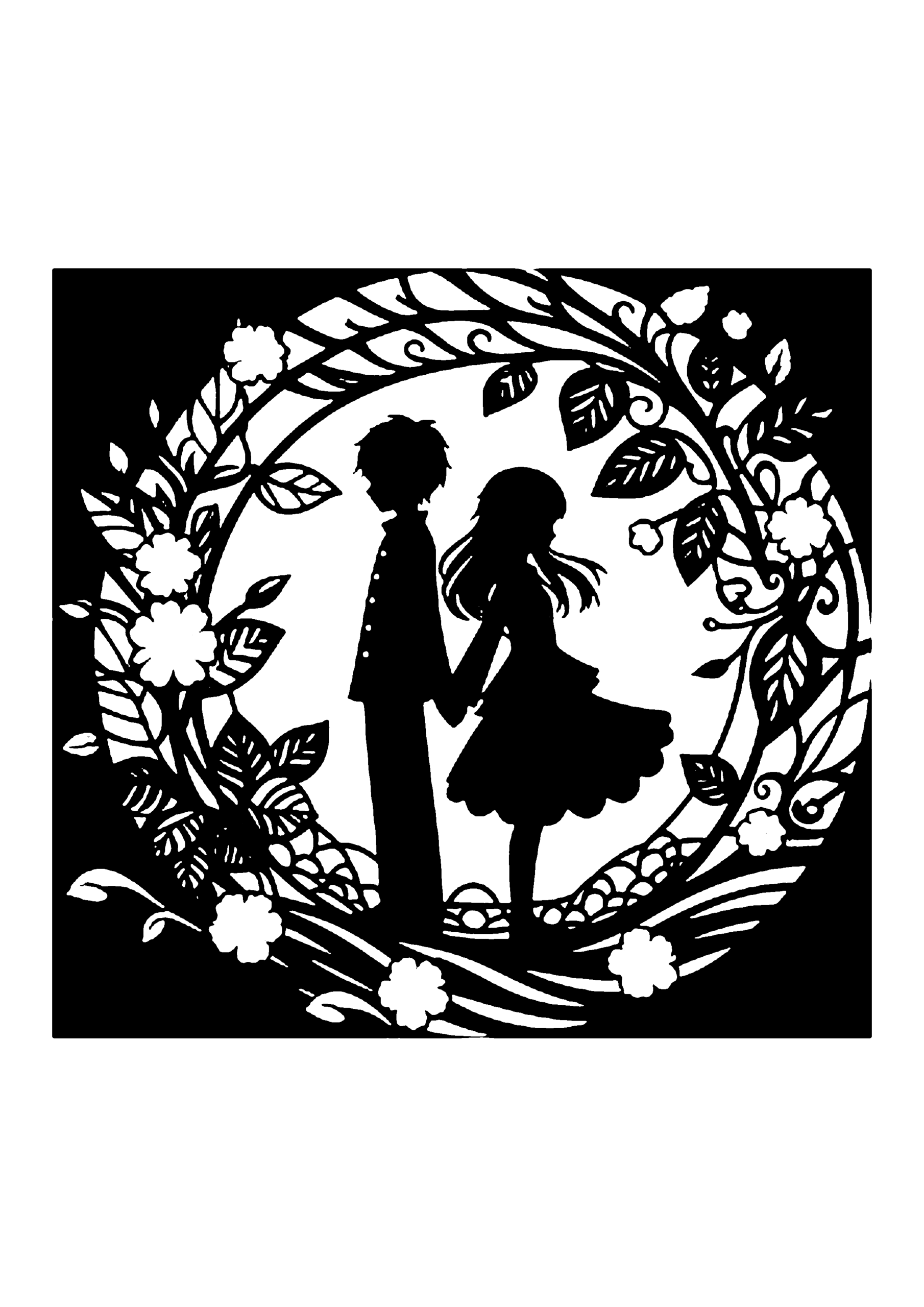 カップルのシルエットと花リースのロマンチック切り絵図案(無料・中級者向け)0258