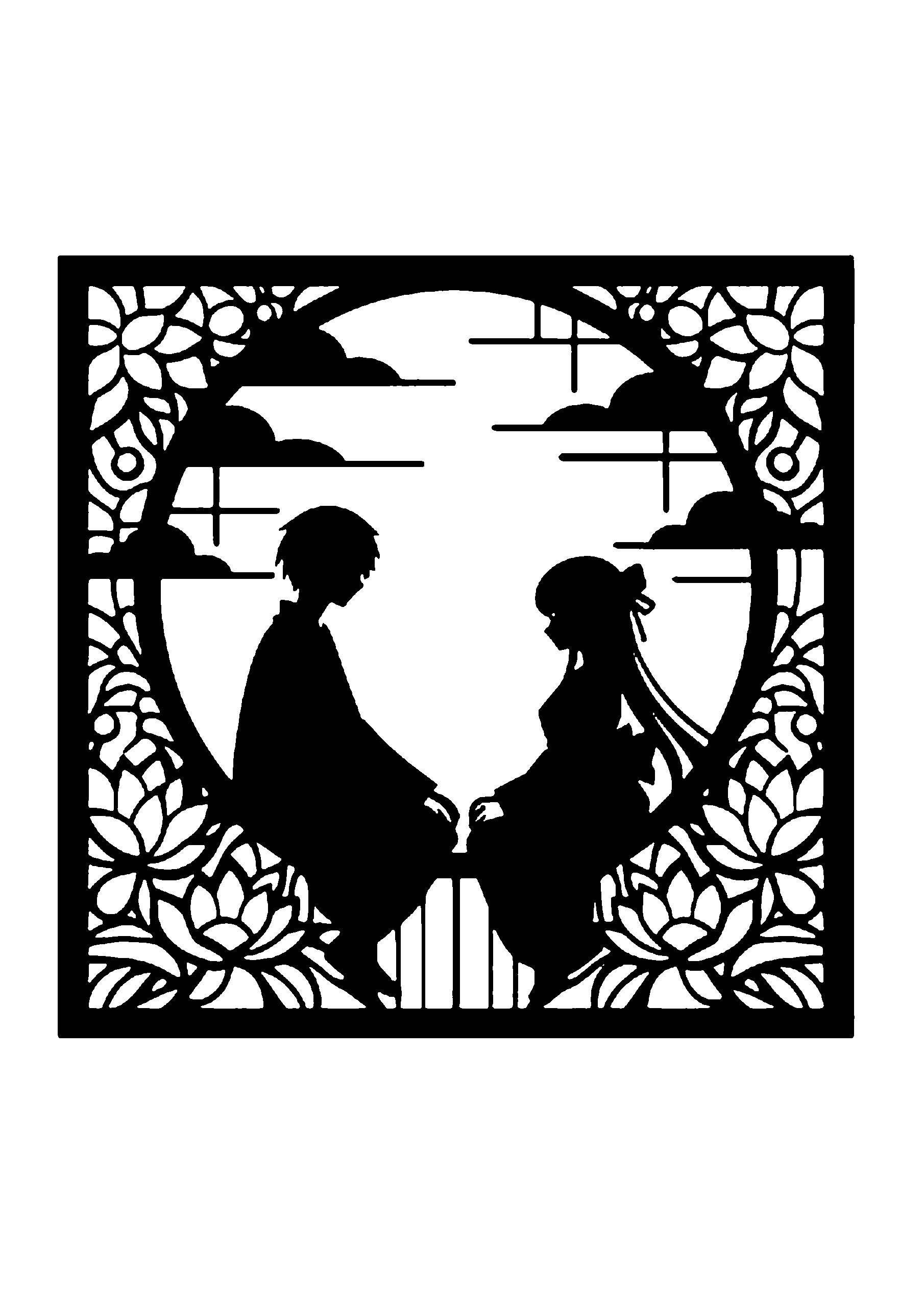 水辺で向かい合う男女のシンプルシルエット切り絵図案(無料・初心者向け)0259