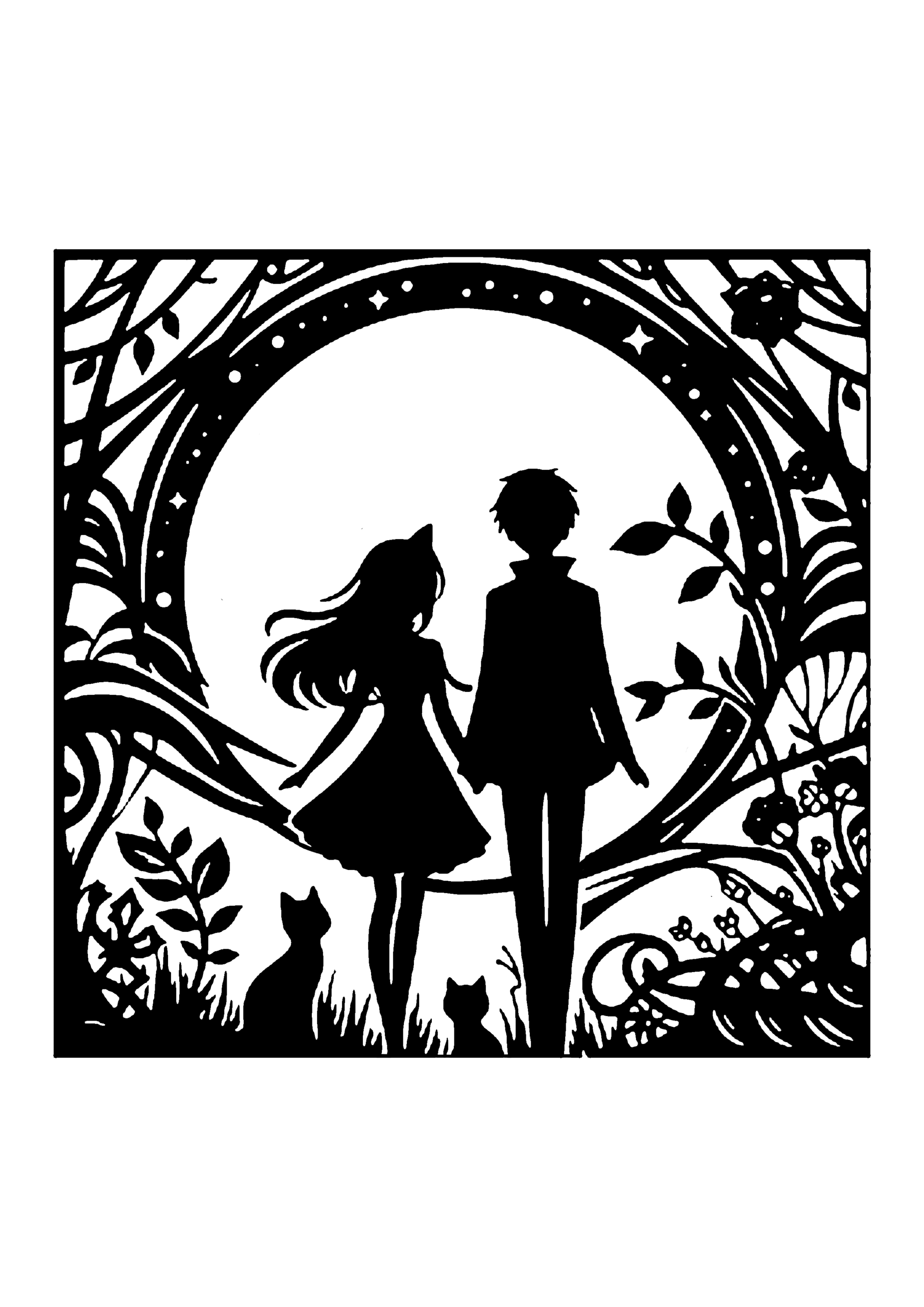 夜の森と満月を歩く男女の幻想的切り絵図案(無料・中級者向け)0260