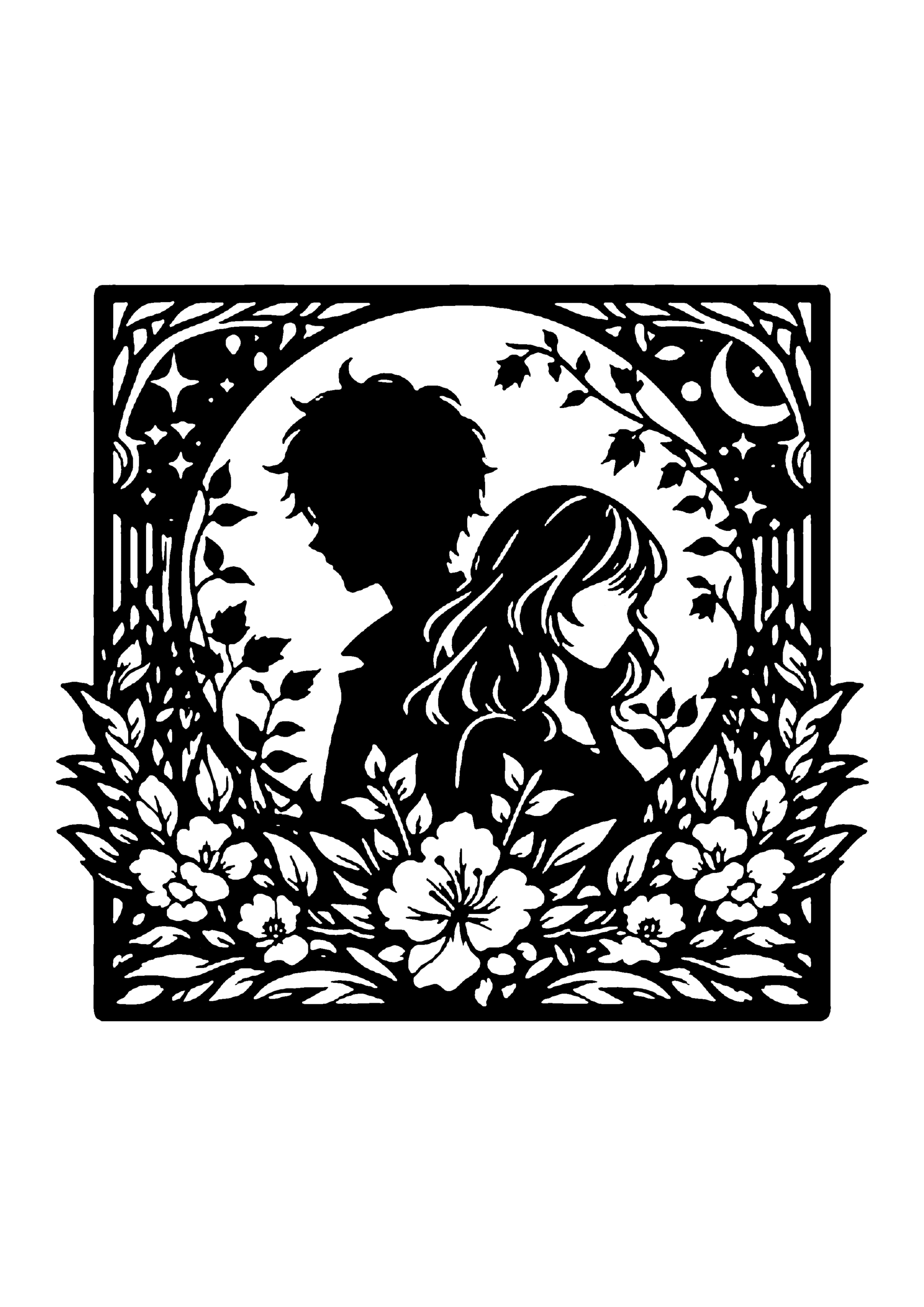 花に囲まれた男女の横顔シルエット切り絵図案(無料・中級者向け)0262