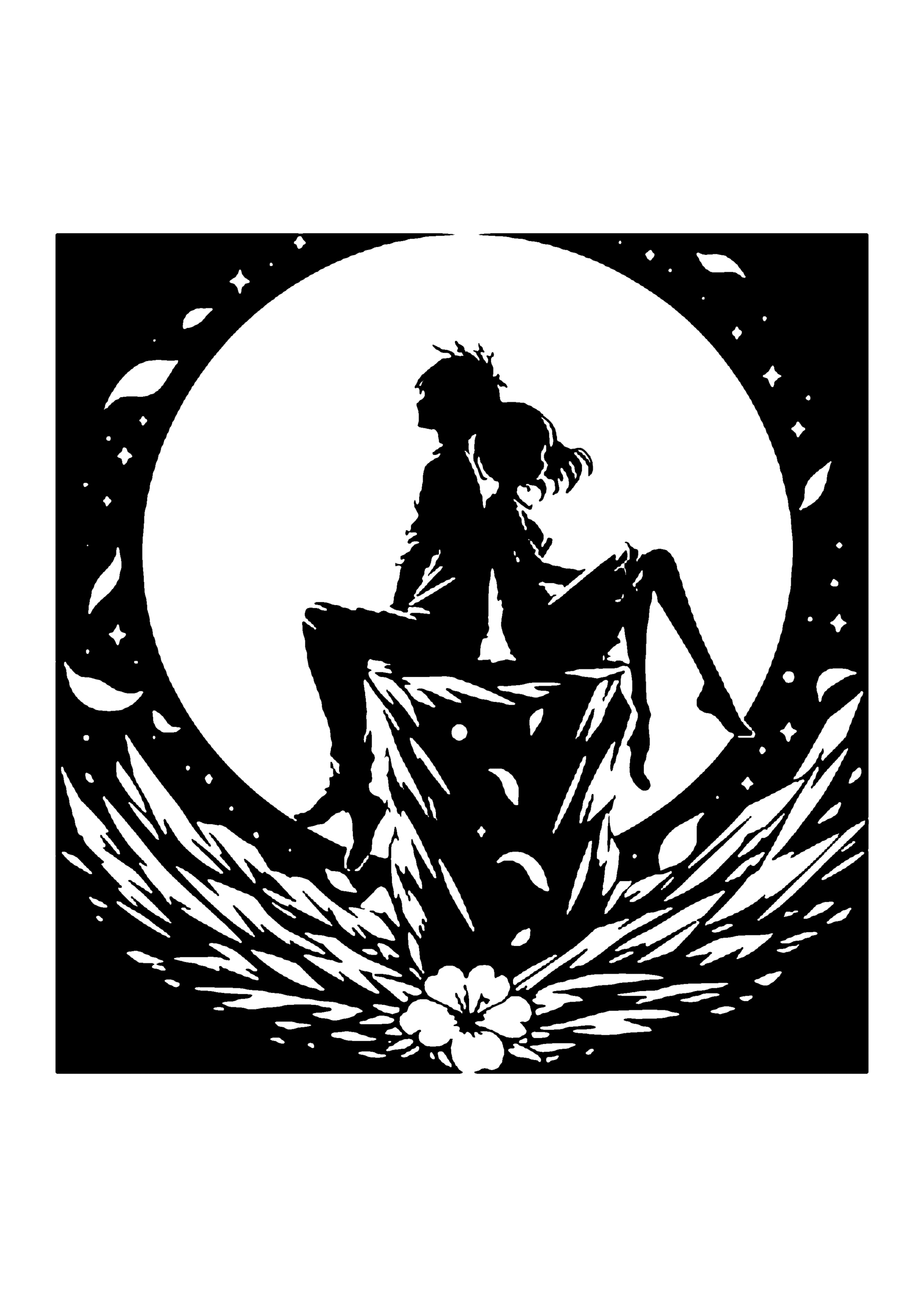 満月の下で寄り添うカップルのロマンチック切り絵図案(無料・中級者向け)0264