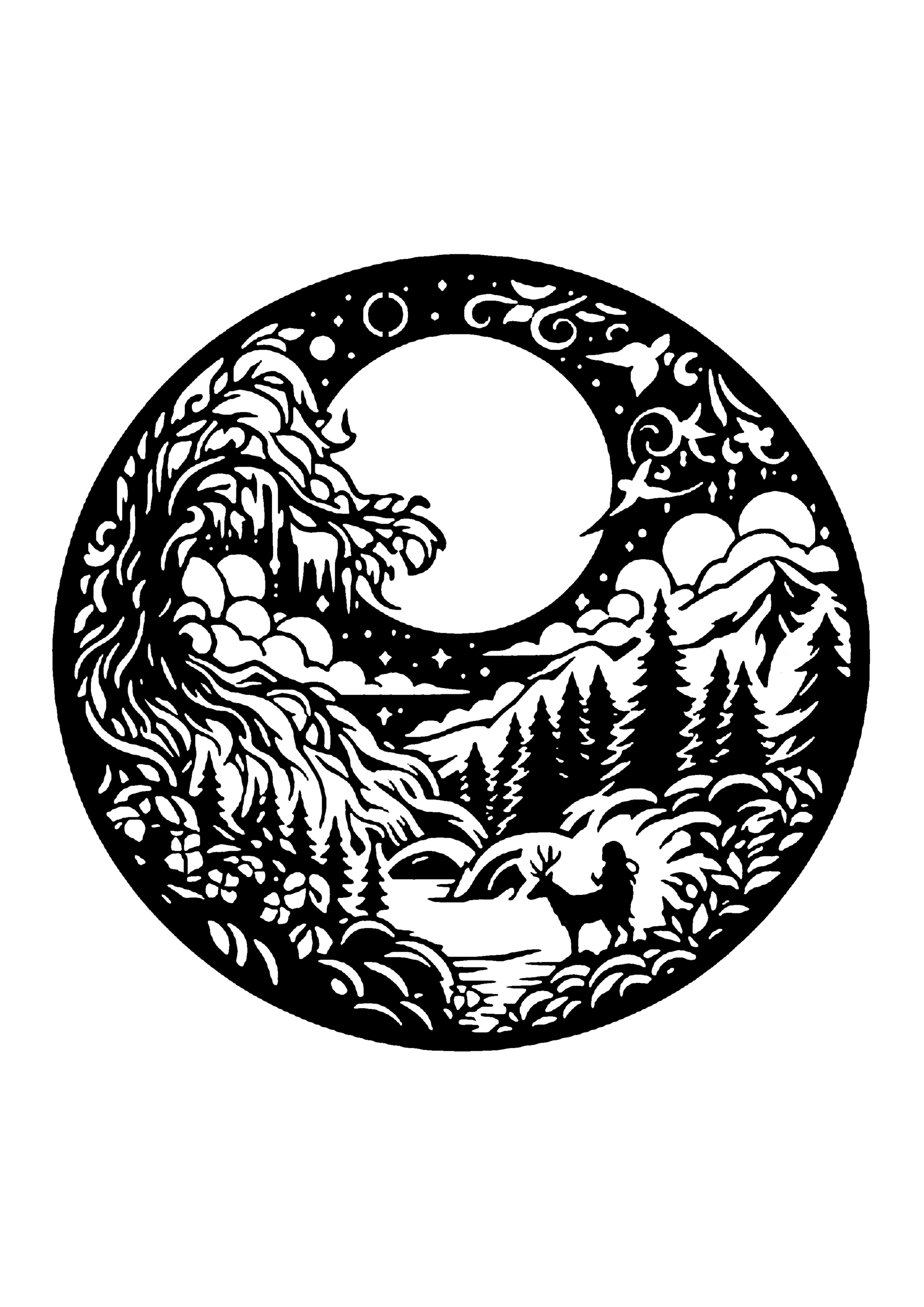 満月と山・森の幻想風景シルエット切り絵図案(無料・中級者向け)0265