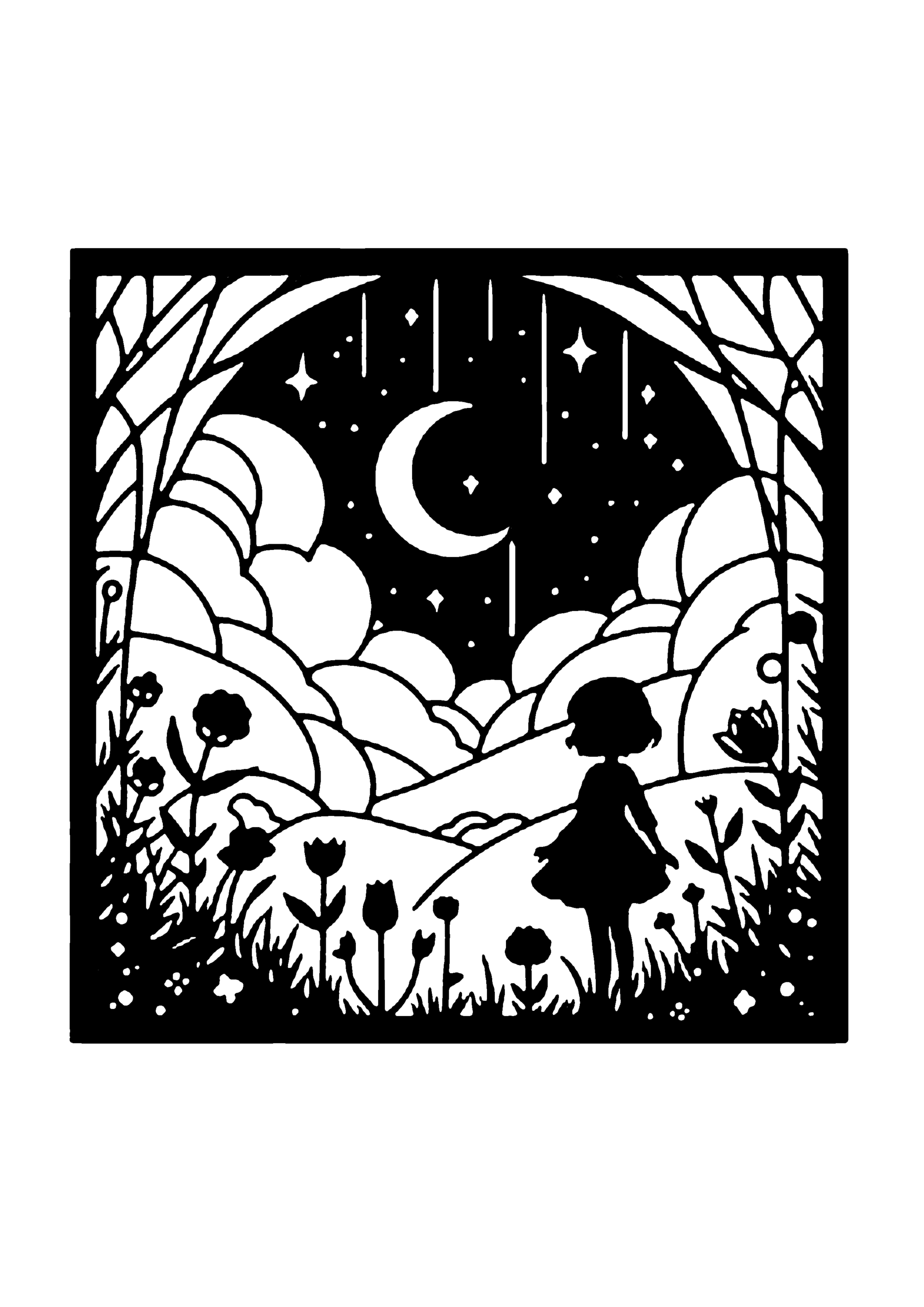 月夜の丘に立つ少女と星空のファンタジー切り絵図案(無料・中級者向け)0266