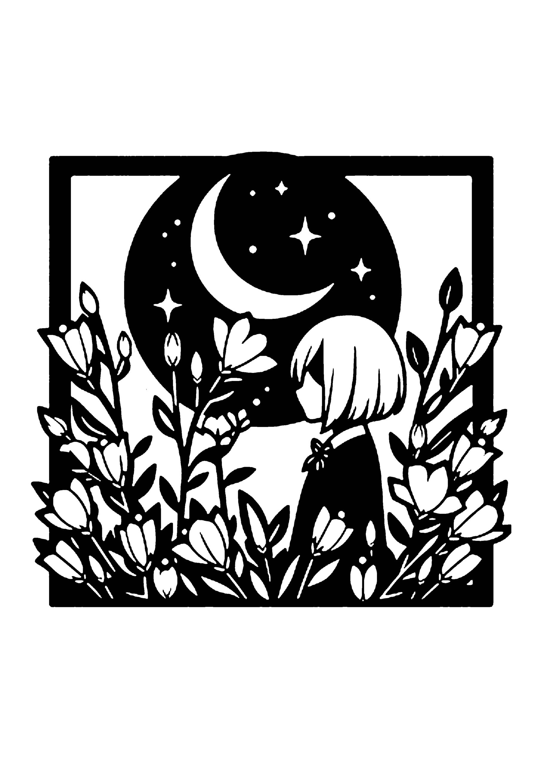 花に囲まれた少女と三日月のロマンチック切り絵図案（無料・中級者向け）0267